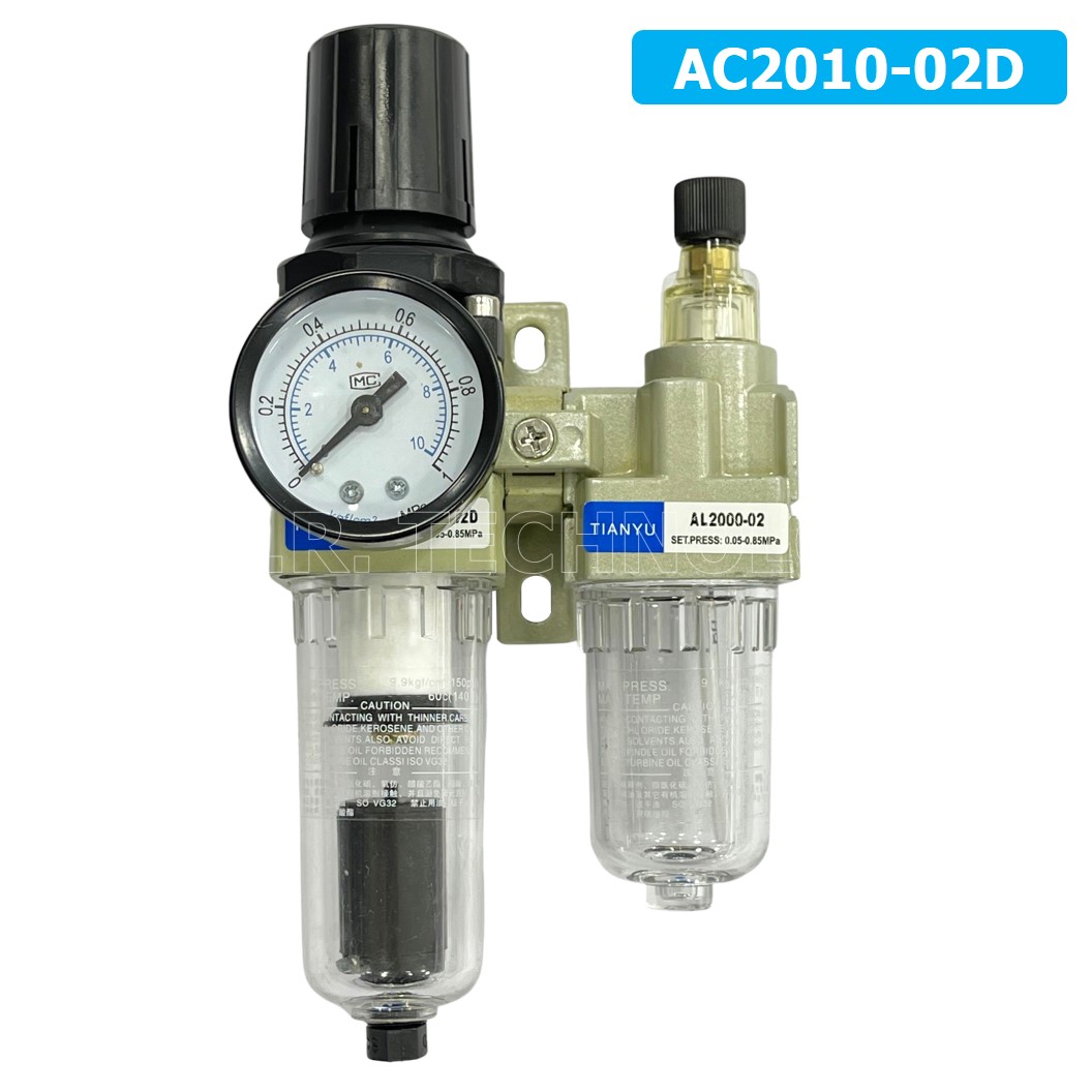 (1ชิ้น) AC2010-02D ชุดกรองลมแบบ 2 ตอน Auto Drain FRL 2 Unit Air Filter, Regulator & Lubricator TIANYU AC (AW+AL) แบบระบายน้ำอัตโนมัติ