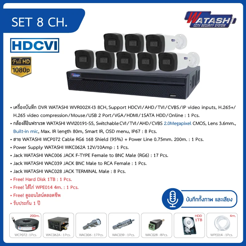 CCTV Set. 8CH. HDCVI WATASHI#WVR002X-I3 (WVI20191-S5)