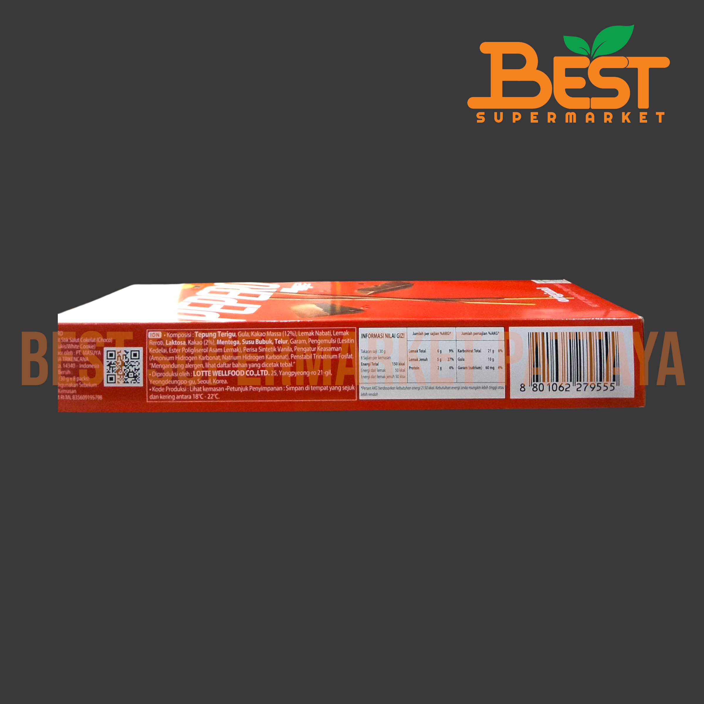 ล็อตเต้ บิสกิตแท่งเคลือบรสช็อกโกแลต 30กรัม. x 8แพ็ค.Lotte Brand.Pepero Original 30g. x 8packs