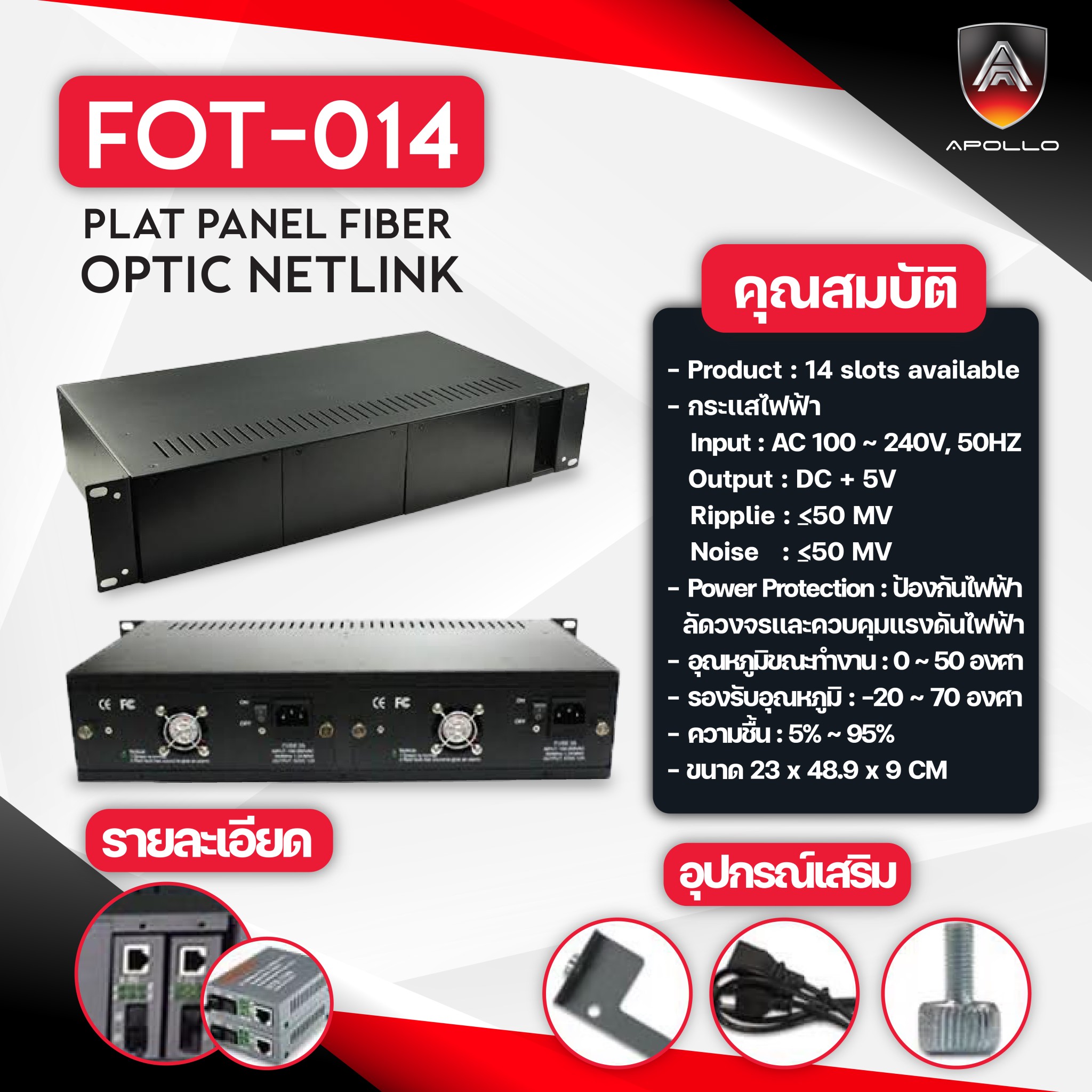APOLLO FOT-014 OPTIC NETLINK ตู้ใส่มีเดียคอมเอวร์เตอร์ 14ช่อง สำหรับตู้Rack