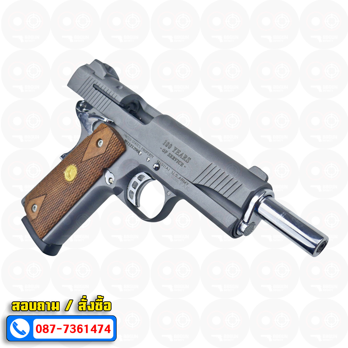 แบลงค์กัน KUZEY M1911 5 นิ้ว COLT GOVERMENT 100 Year สีสโมค blank gun ด้ามไม้ (แถมกล่องใส่ปืน)