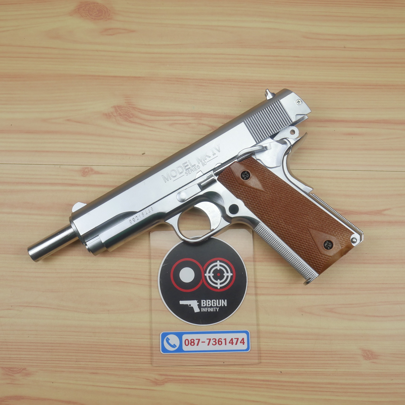 ปืนอัดลมสปริงชักยิงไต้หวัน KWC Colt MK IV 80 สีเงินด้าน Spring Pistol