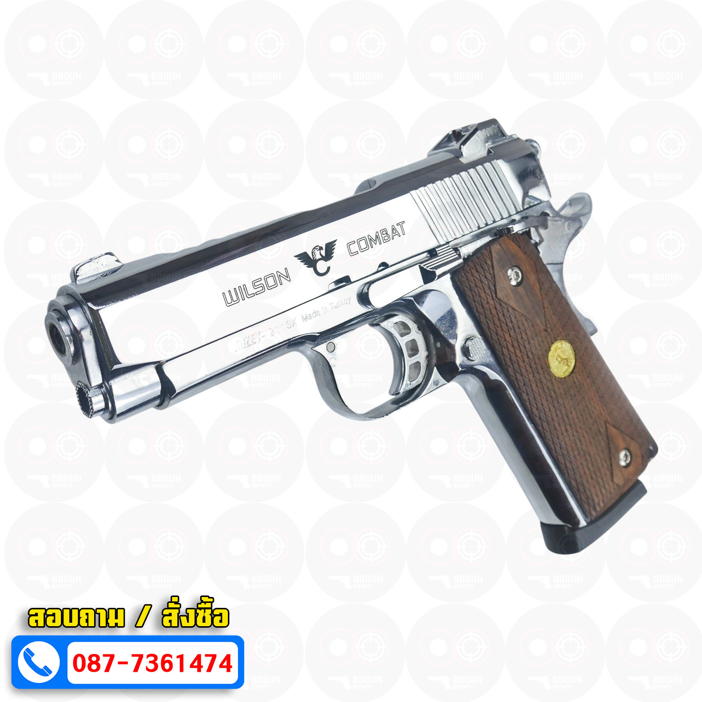 Blank Gun KUZEY M1911 WILSON COMBAT เงินเงา 4 นิ้ว แบลงค์กัน ด้ามไม้