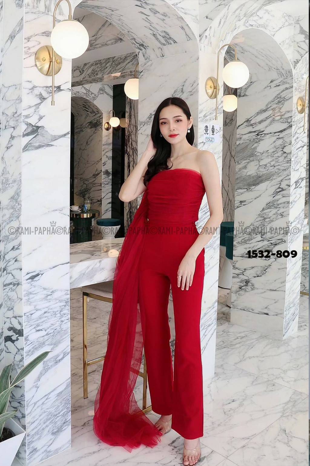 🧧 S 🧧 RAMI-PAPHA เซตสีแดงเสื้อครอปเกาะอกแต่งผ้ามุ้ง+กางเกงเอวสูง
