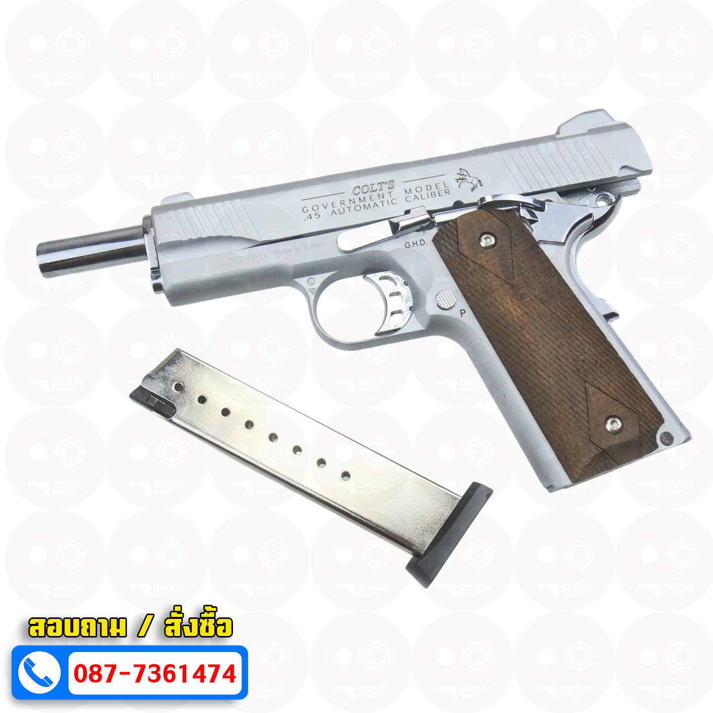 แบลงค์กัน KUZEY M1911 COLT GOVERMENT 100 Year สีเงินด้าน ลำกล้อง 5 นิ้ว blank gun ด้ามไม้