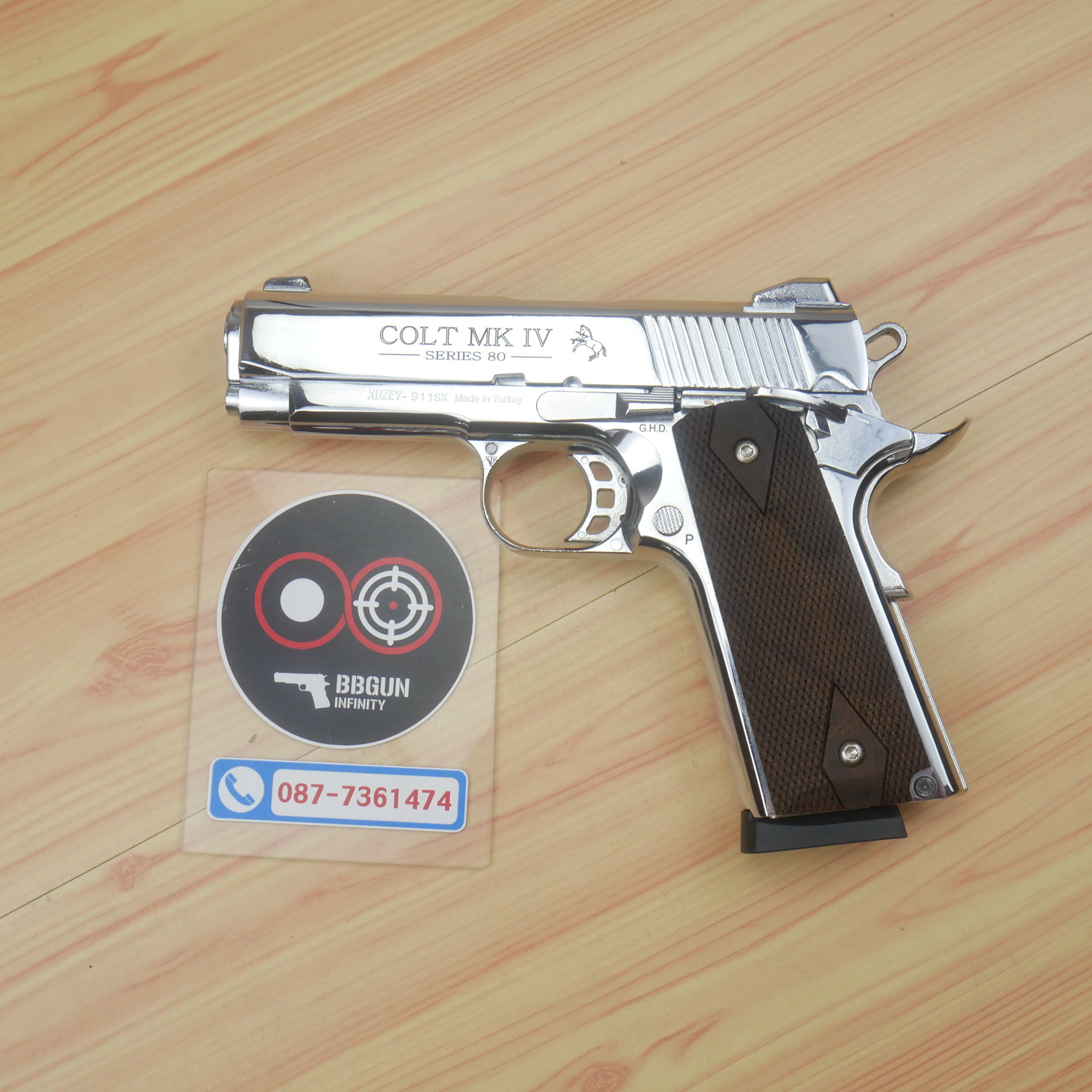 แบลงค์กัน KUZEY M1911 COLT'S MK IV SERIES 80 blank gun สีเงินเงา ลำ 4 นิ้ว ด้ามไม้