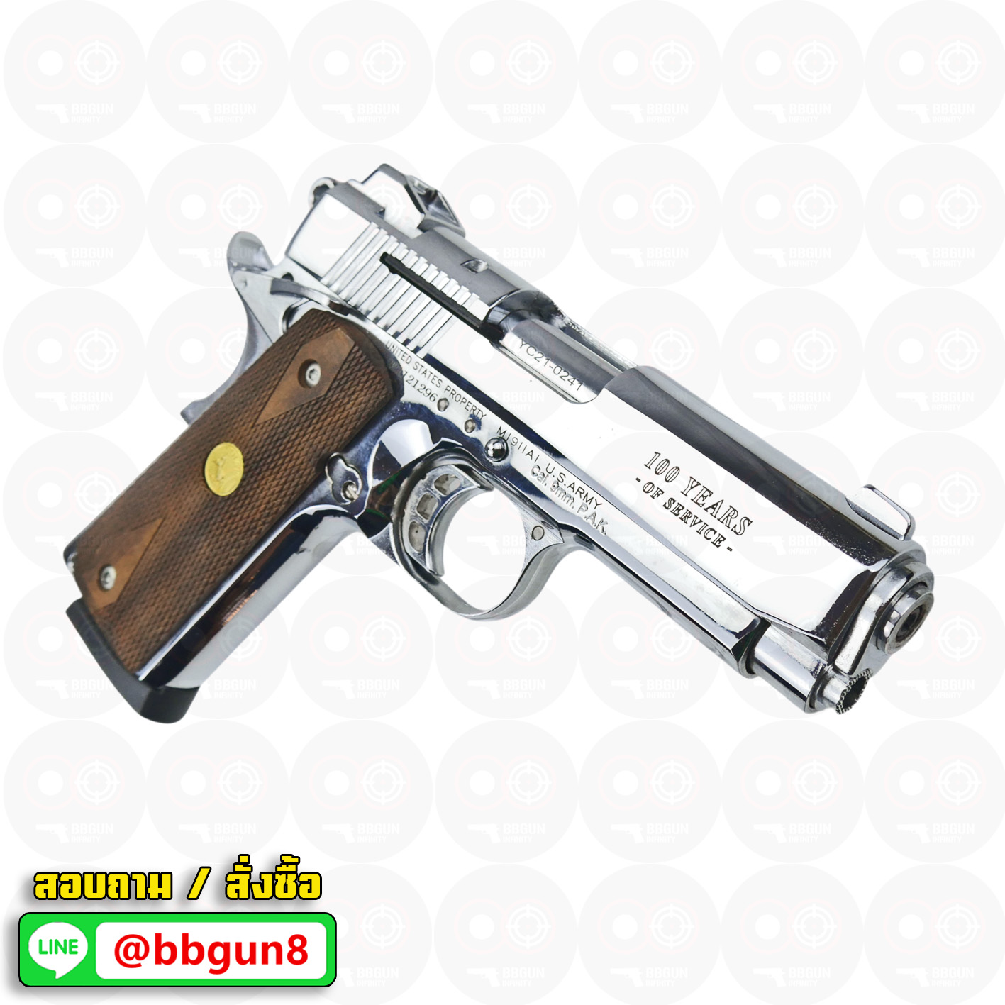 Blank Gun KUZEY M1911 Colt Government 100 Years ลํากล้อง 4 นิ้ว เงินเงา แบลงค์กัน ด้ามไม้ (แถมกล่องใส่ปืน)
