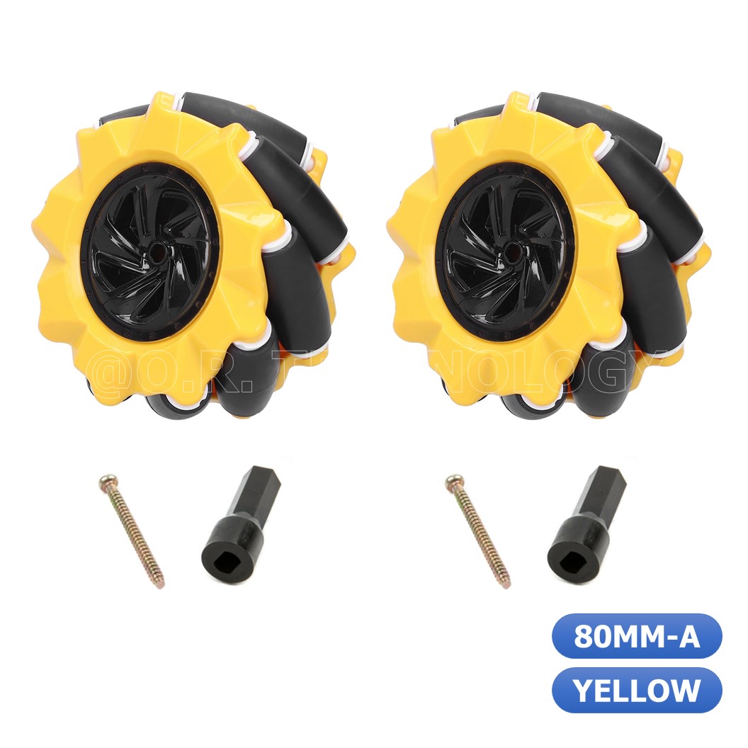 (1ชุด มี 2ล้อ-ซ้าย,ขวา) AD150+ZA311 ชุดล้อ แมคคานัม ล้อหมุนรอบทิศทาง ขนาด 80MM-A สีเหลือง (พร้อมแกนล้อ ขนาด 6.7mm) Yellow Mecanum Wheel 80MM-A Compatible with 6.7mm couplings