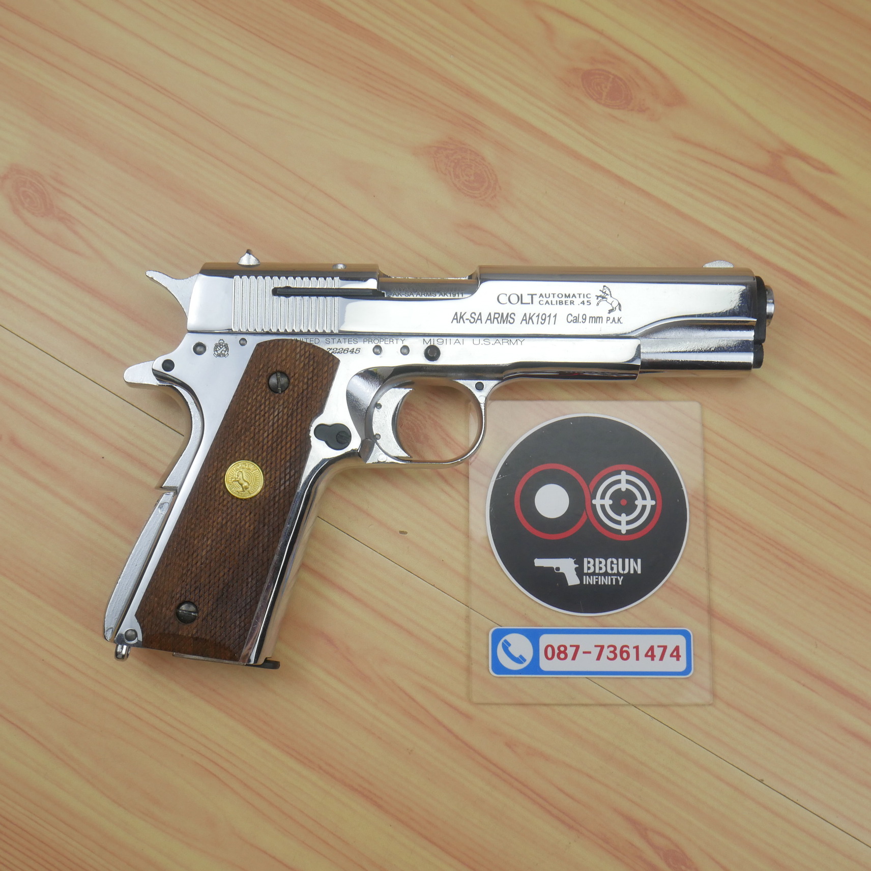 แบลงค์กัน AKSA Colt MK IV/SERIES ' 70 1911 สีเงินเงา กริปไม้ (2 แม็กกาซีน) BLANK GUN