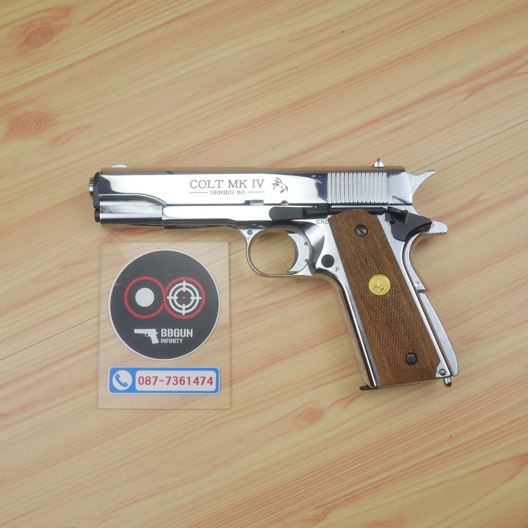 แบลงค์กัน AKSA Colt MK IV Series 80 Automatic Caliber .45 สีเงินเงา กริปไม้ (2 แม็กกาซีน) BLANK GUN