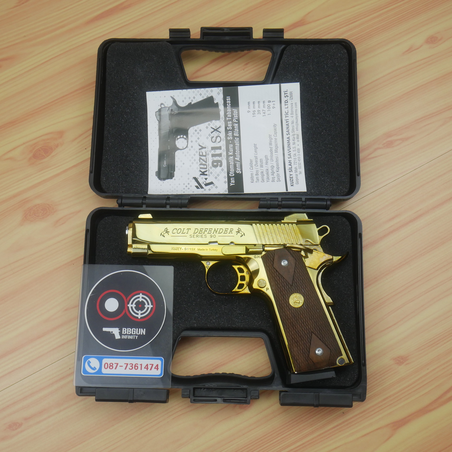 แบลงค์กัน KUZEY M1911 COLT'S DEFENDER SERIES 90 ลำกล้อง 4 นิ้ว สีทอง ด้ามไม้ (แถมกล่องใส่ปืน)