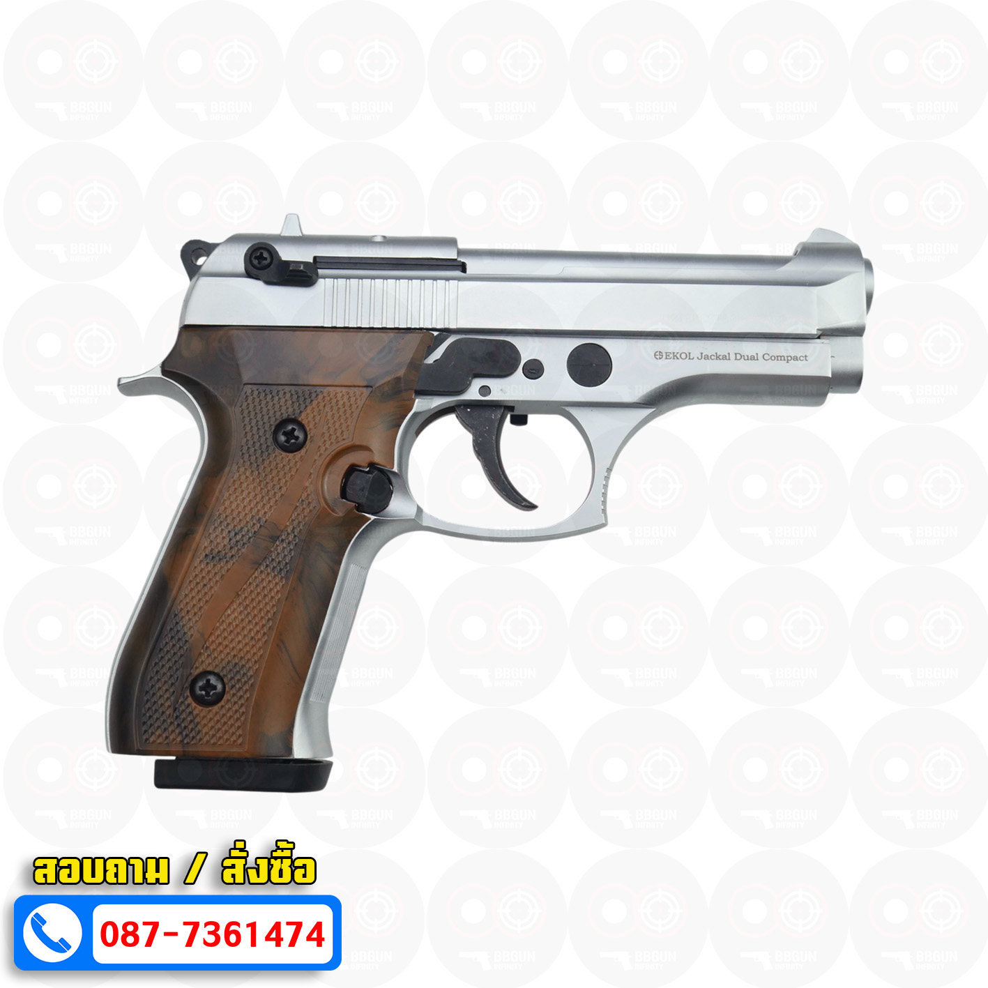 EKOL Jackal Dual Compact M92 4" (Full Auto) สีเงินด้าน แบลงค์กันบาเร็ตต้า 9 mm.P.A.K. (ฟูลออโต้) (แถมกล่องใส่ปืน แม็กกาซีน 2 อัน) blank gun