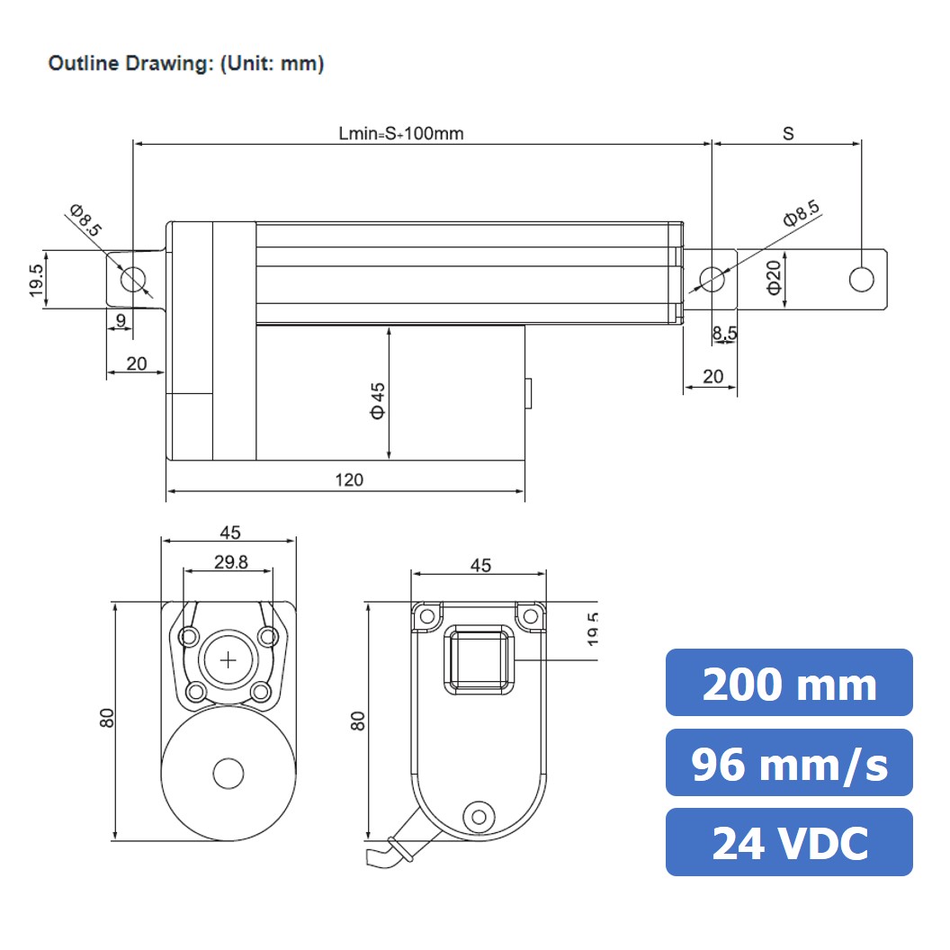 ZGB800F มอเตอร์ก้านชัก ระยะชัก 200mm 96mm/s 24VDC 200N Electric Linear Actuator Putter DC Stroke Length 200mm ZHENGKE พัตเตอร์ไฟฟ้า
