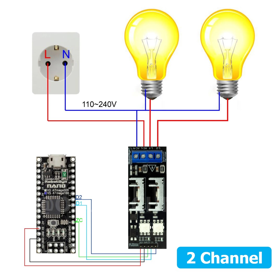 (1ชิ้น) AA634 โมดูลหรี่ไฟ 2 ช่อง AC Dimmer Module PWM control 2 Channel 220VAC 10A โมดูลขับมอเตอร์ สำหรับ Arduino