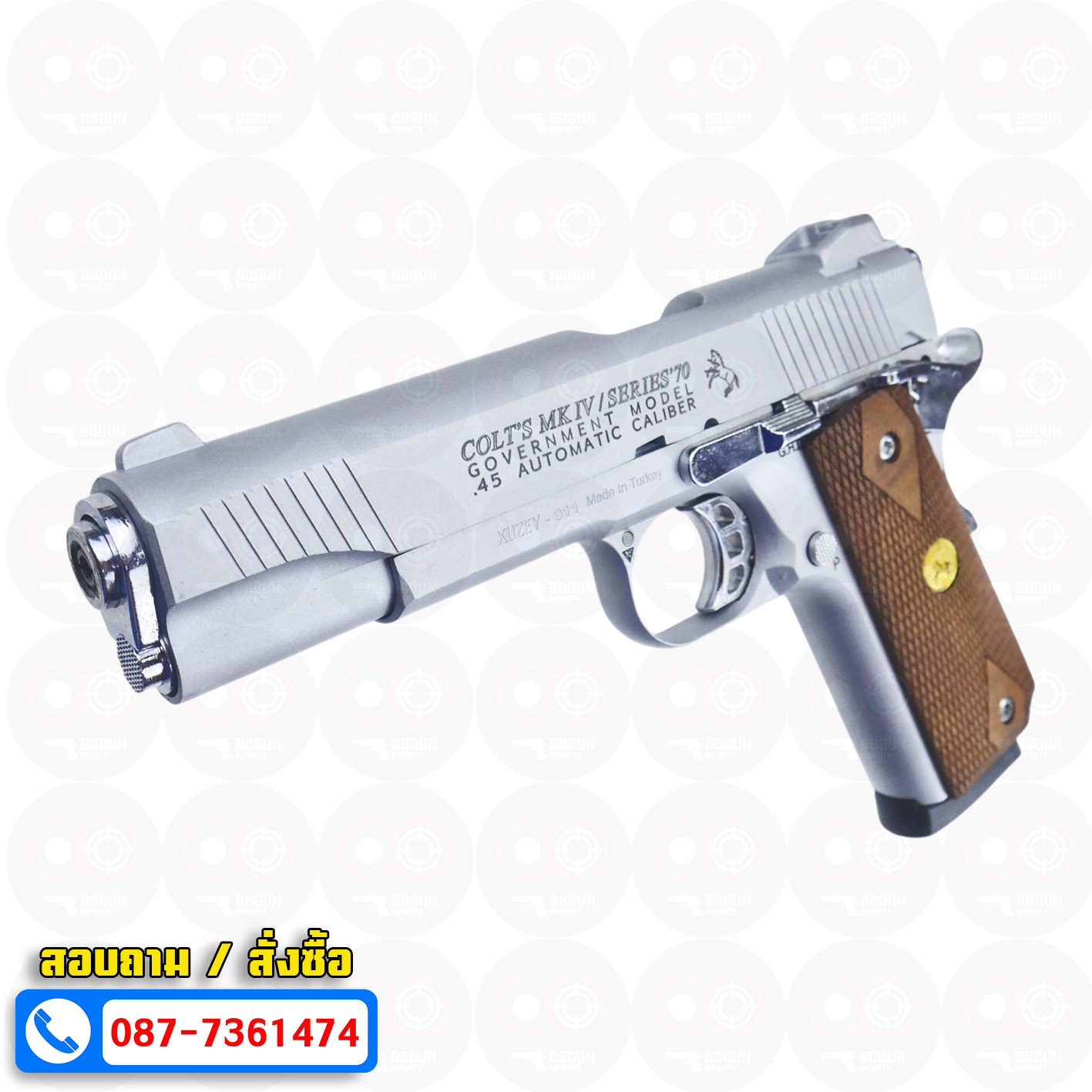 แบลงค์กัน KUZEY M1911 COLT MK IV SR70 สีเงินด้าน 5 นิ้ว ด้ามไม้ (แถมกล่องใส่ปืน) blank gun