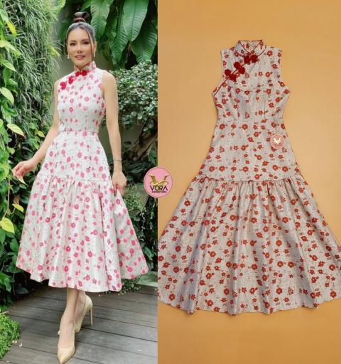 Dress ยาวคอจีนแขนกุด แต่งกระดุมจีนเรียงด้านข้าง