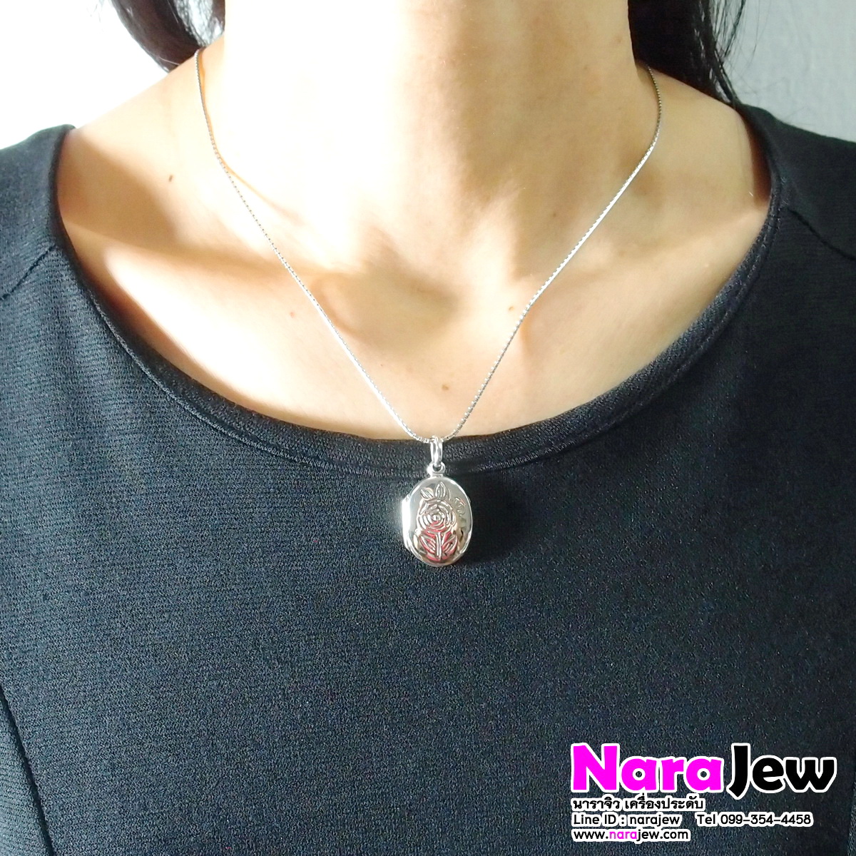 จี้เงิน จี้ ล็อกเก็ต Locket เงินแท้ 925 ใส่รูปภาพข้างในได้ ลายดอกกุหลาบ No.3
