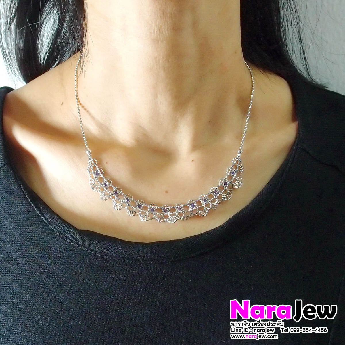 สร้อยคอ พลอยอเมทิสต์ พลอยแท้ ตัวเรือนเงินแท้925 แบบหรูๆ ใส่ติดคอได้ทุกวัน