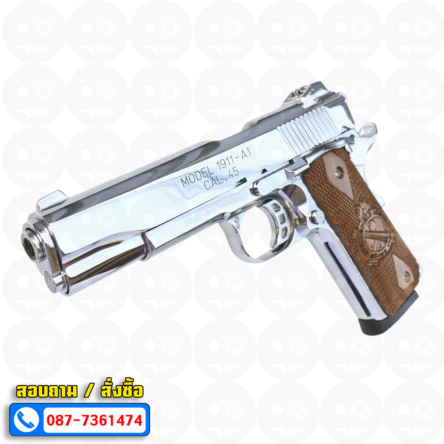 แบลงค์กัน KUZEY M1911-A1 ลำกล้อง 5 นิ้ว SPRINGFIELD ARMORY สีเงินเงา blank gun ด้ามไม้