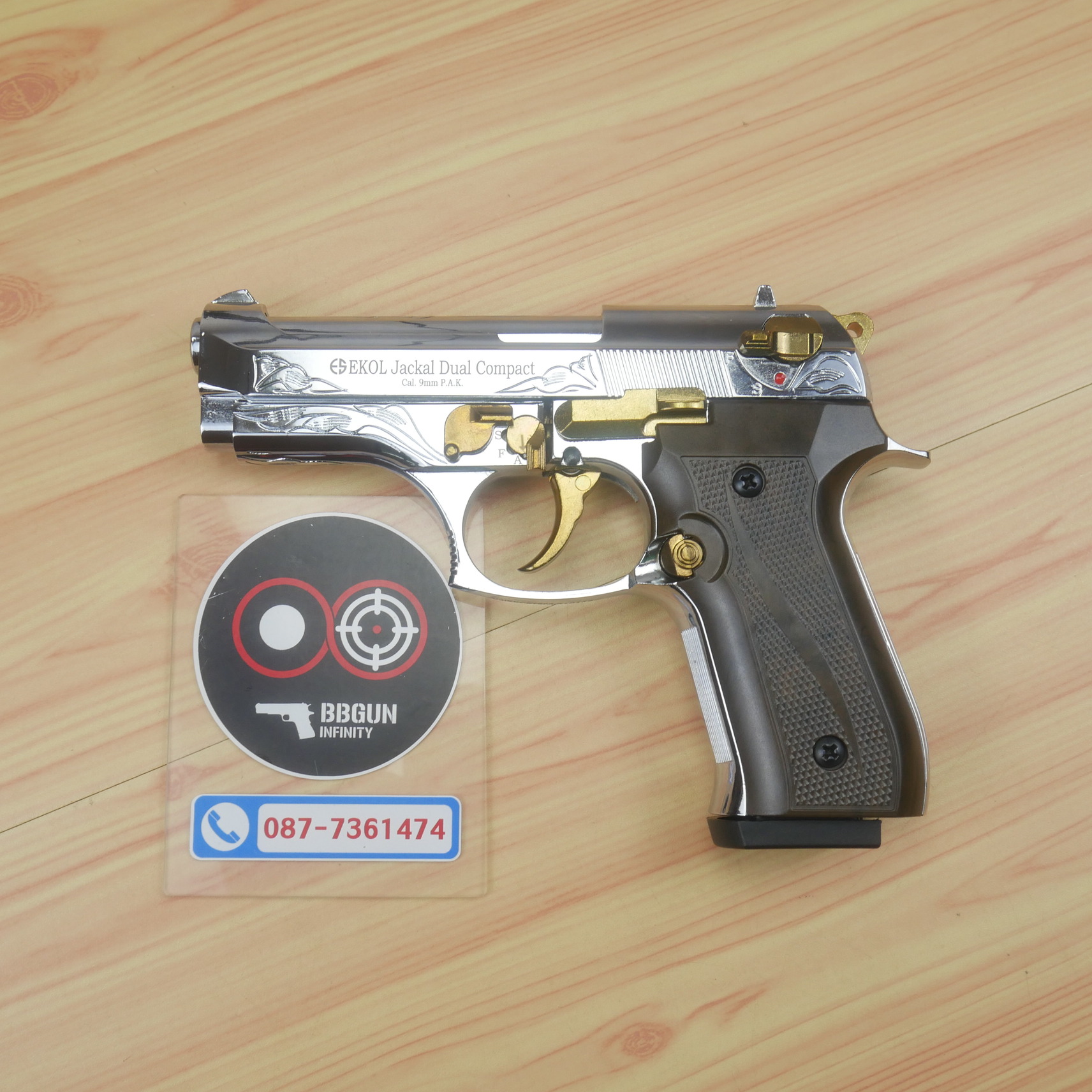 EKOL Jackal Dual Compact M92 (Full Auto) สีเงินเงา ไกทองลาย 4 นิ้ว แบลงค์กันบาเร็ตต้า blank gun