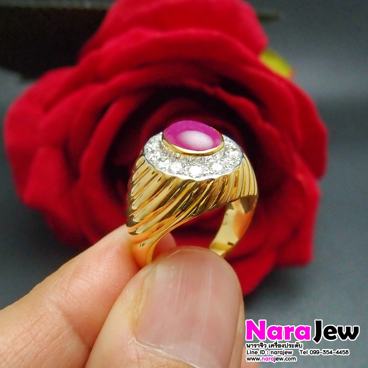 แหวนทับทิมพม่าชาย ล้อมเพชรแท้ ทับทิมพม่า สี Pinkish Red Ruby พร้อมใบเซอร์สถาบันอัญมณี GBL หลุดจำนำ