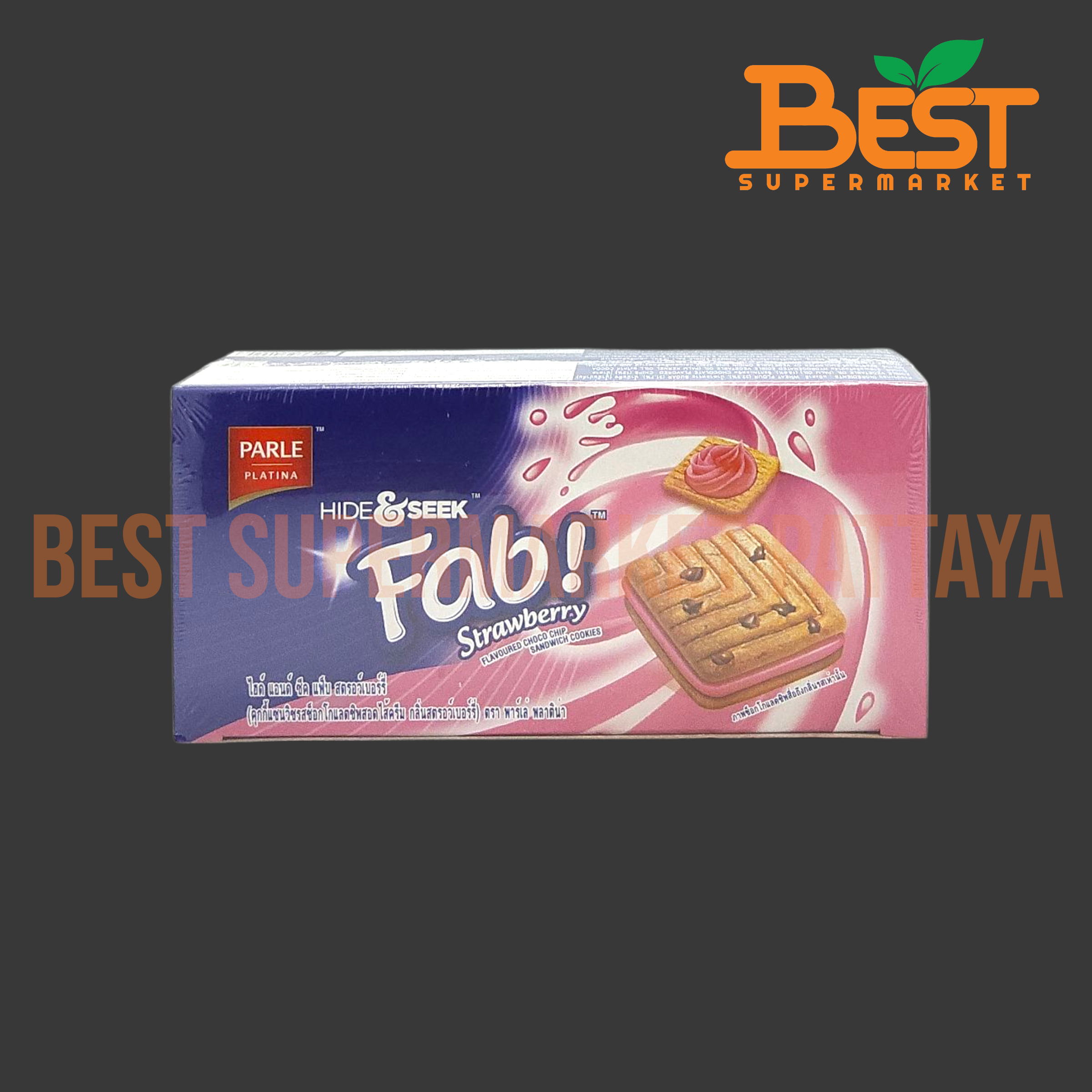 พาร์เล่ พลาติน่า ไฮด์ คุกกี้แซนวิชรสช็อกโกแลตชิพสอดไส้ครีม กลิ่นสตรอว์เบอร์รี่ 25กรัม. x 12ซอง.Parle Platina Hide&Seek Strawberry Flavoured Choco Chip Sandwich Cookies 25g. x 12packs.