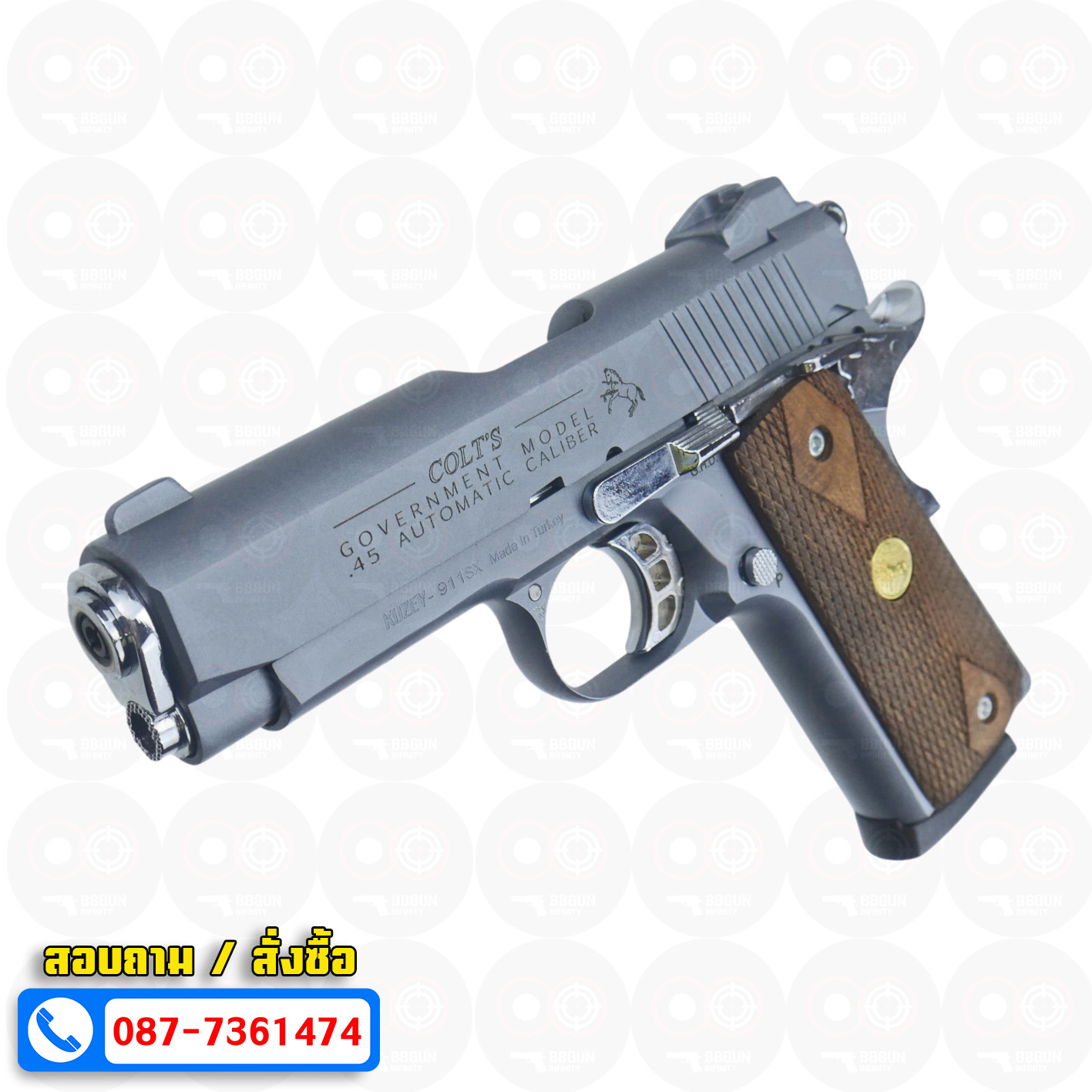 แบลงค์กัน KUZEY M1911 COLT GOVERMENT 100 Year Smoke 4 นิ้ว สีสโมค blank gun ด้ามไม้