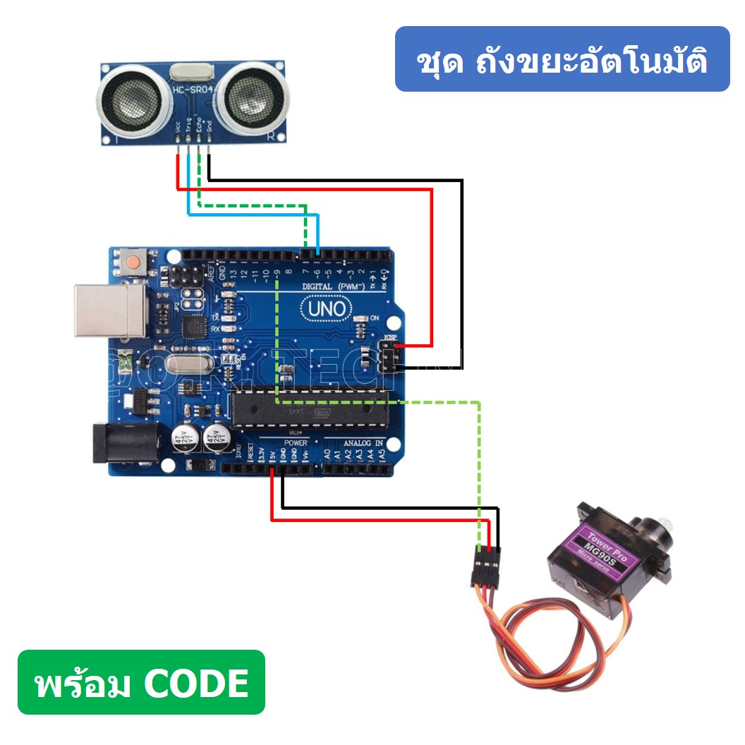 (1ชุด) PJ-RF002 ชุดถังขยะอัตโนมัติ เพื่อการศึกษา Arduino UNO R3 + Ultrasonic sensor + Servo (เปิด-ปิด โดยใช้ Ultrasonic sensor และ servo)
