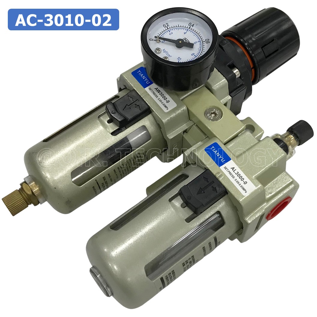AC3010-02 ชุดกรองลมแบบ 2 ตอน ขนาดเกลียว 1/4" Manual Drain FRL 2 Unit Combination Air Filter, Regulator & Lubricator TIANYU AC-3010-02 G1/4