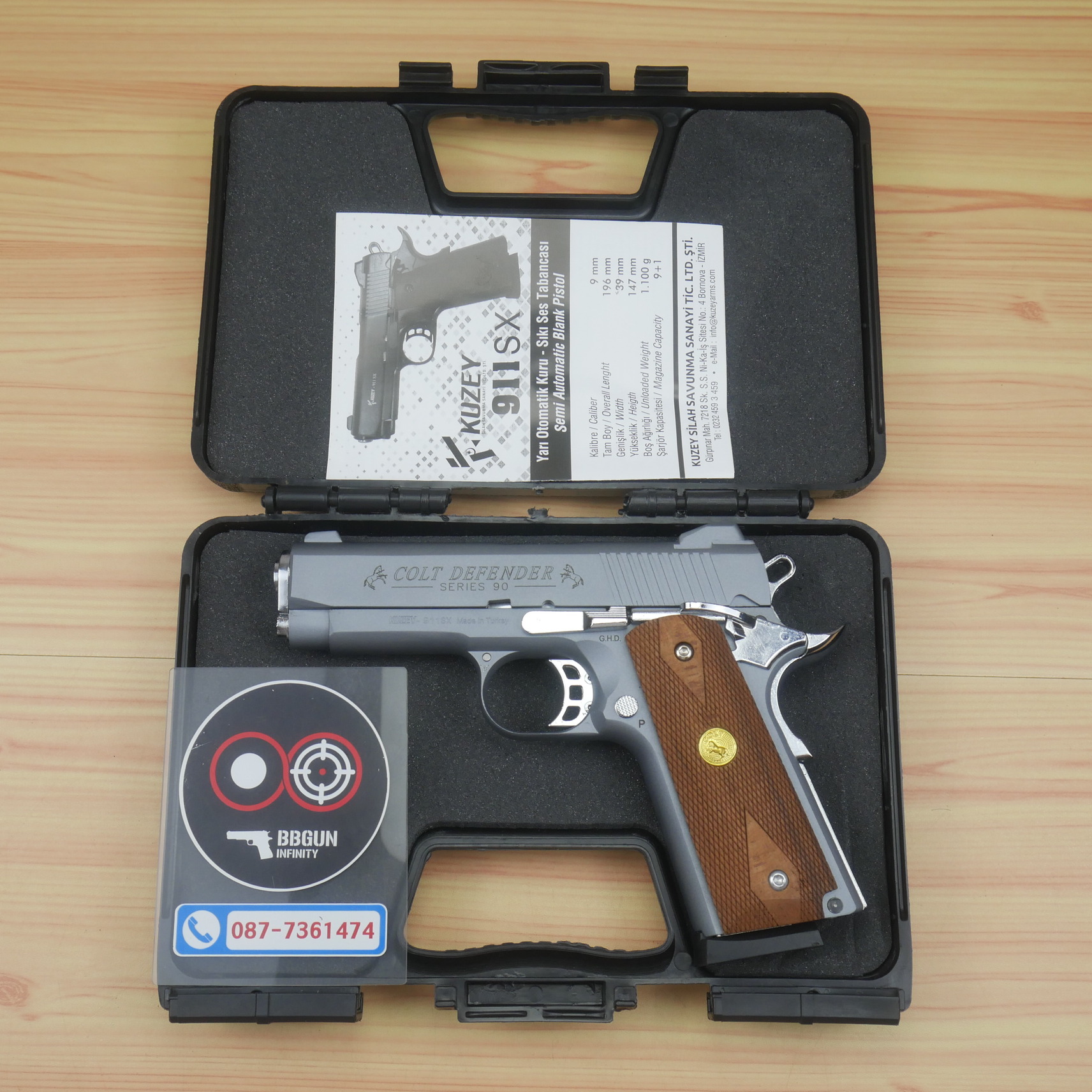 แบลงค์กัน KUZEY M1911 COLT'S DEFENDER SERIES 90 สีสโมค 4 นิ้ว ด้ามไม้ Blank Gun