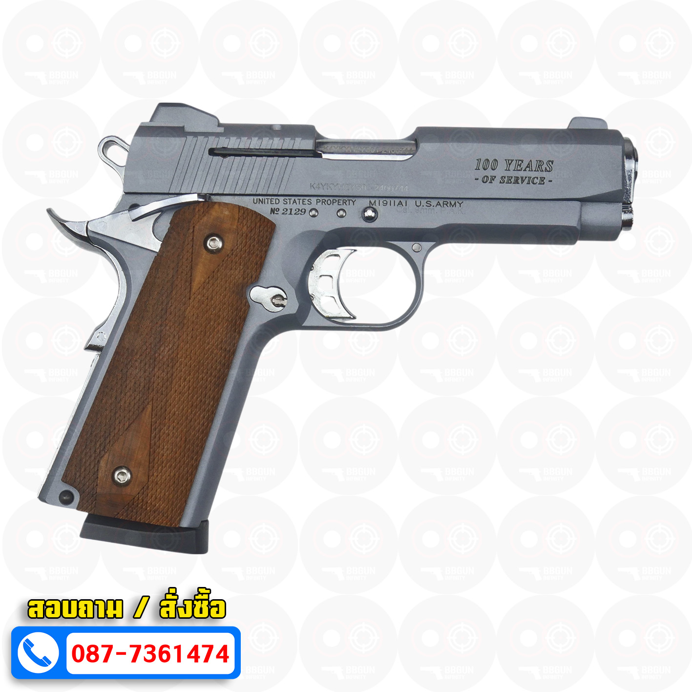 แบลงค์กัน KUZEY M1911 COLT GOVERMENT 100 Year สีสโมค 4 นิ้ว ด้ามไม้ blank gun