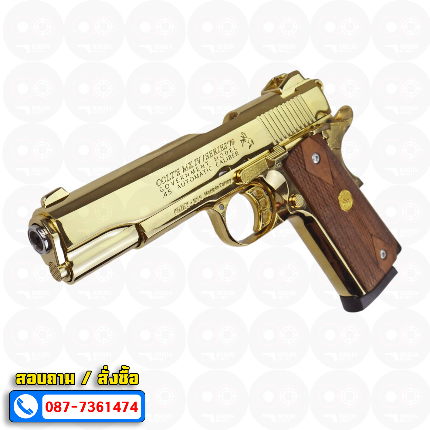 แบลงค์กัน KUZEY M1911 ลำ 5 นิ้ว COLT'S MK IV SERIES'70 blank gun สีทอง ด้ามไม้