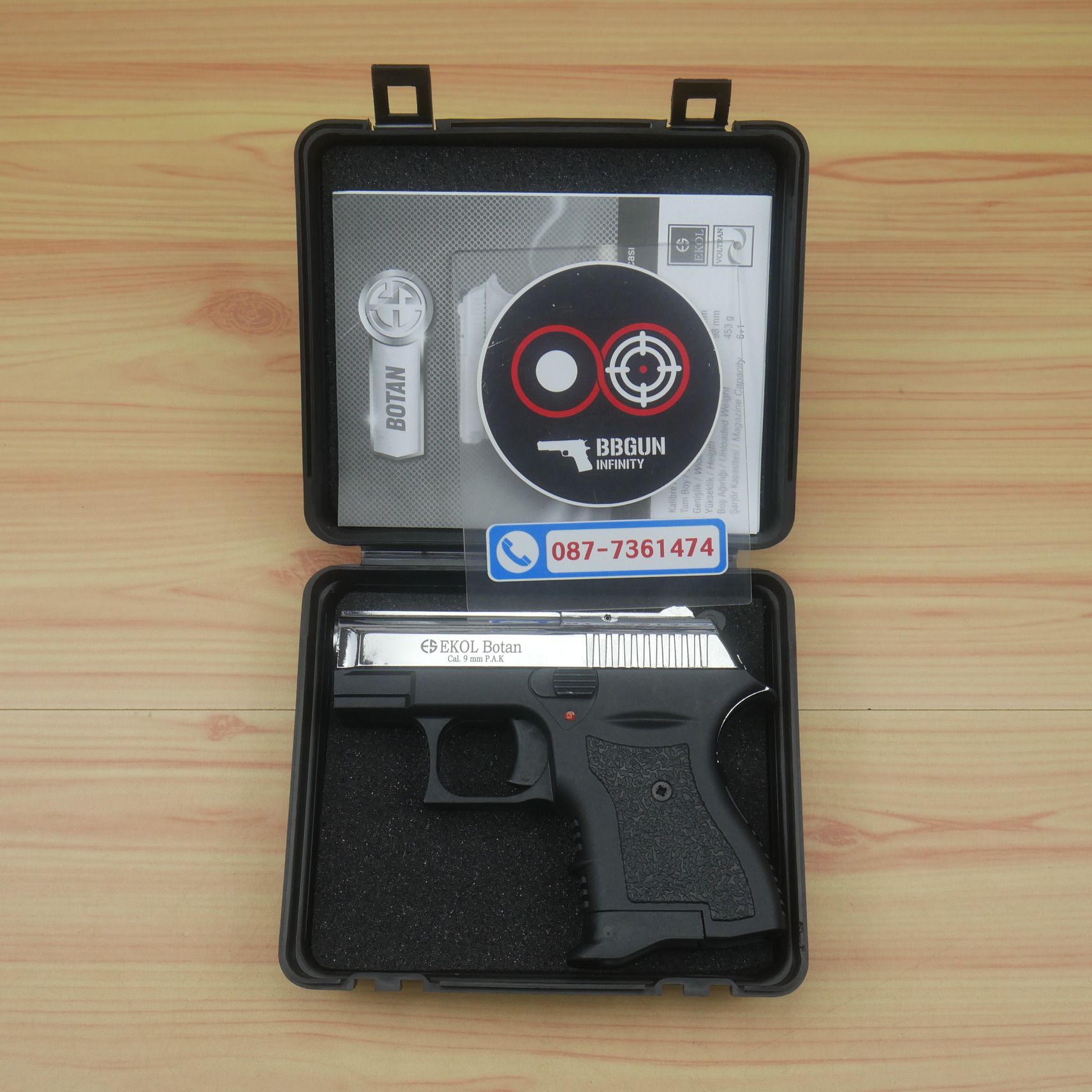 แบลงค์กัน EKOL BOTAN Shiny Chrome สีโครเมี่ยมเงา 9 mm P.A.K. Blank gun (แถมกล่องใส่ปืน)