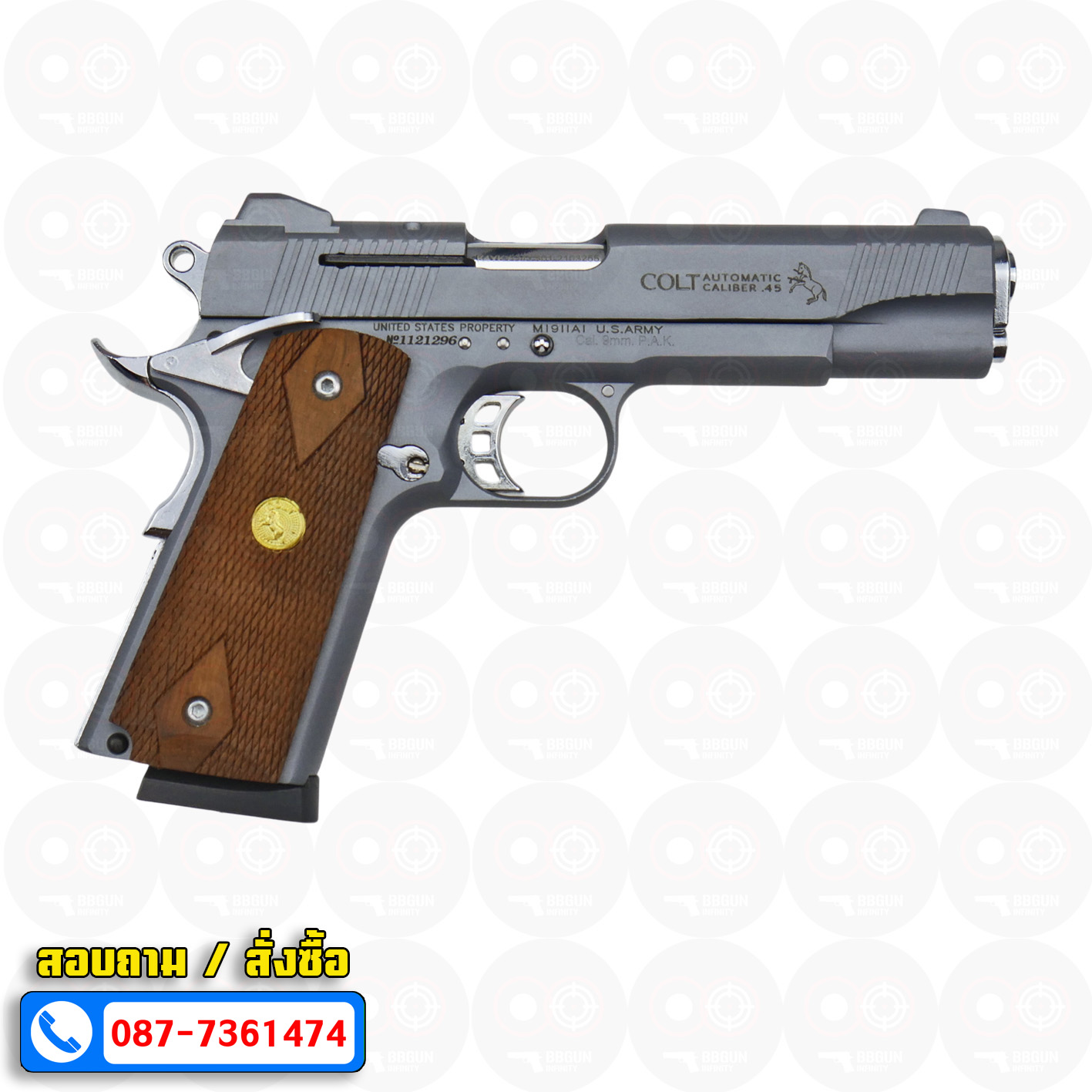 แบลงค์กัน KUZEY M1911 ลำ 5 นิ้ว COLT'S MK IV SERIES'70 blank gun สีสโม๊ค (smoke) ด้ามไม้