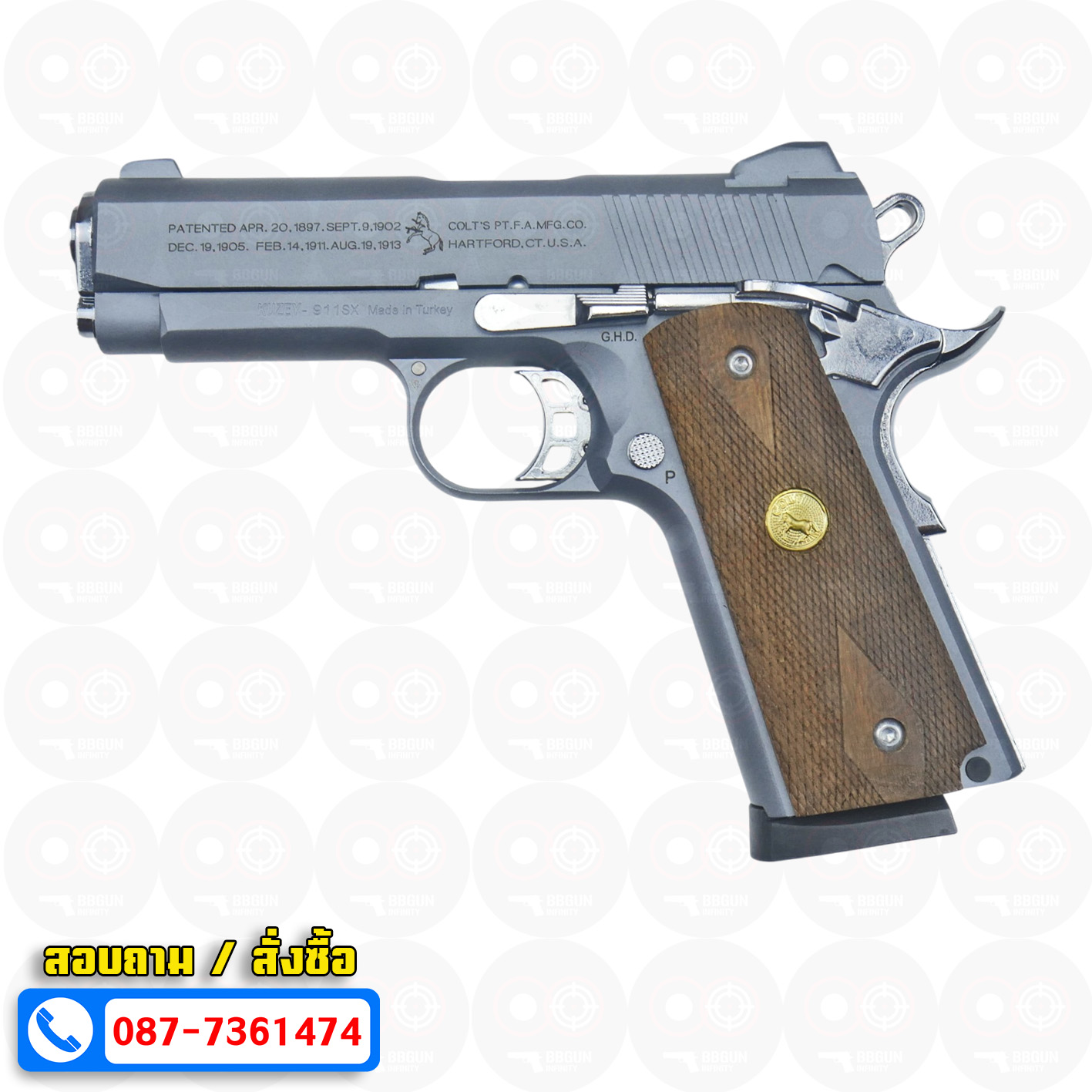 แบลงค์กัน KUZEY M1911 COLT'S 100 ปี สีสโมค 4 นิ้ว blank gun ด้ามไม้