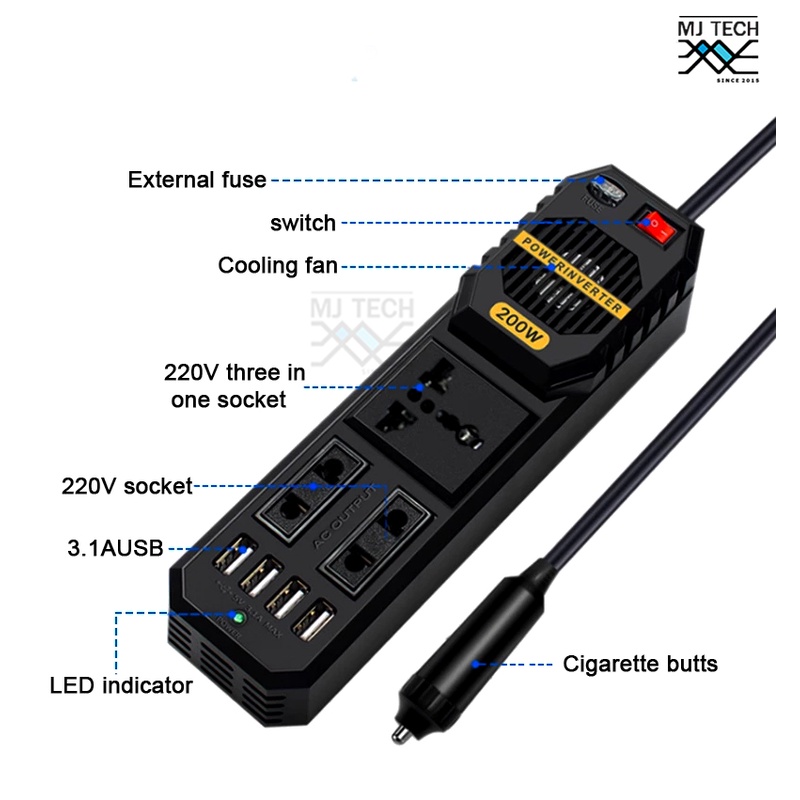CAR POWER INVERTER CONVERTER 200W DC 12V to AC 220V รุ่น E8981