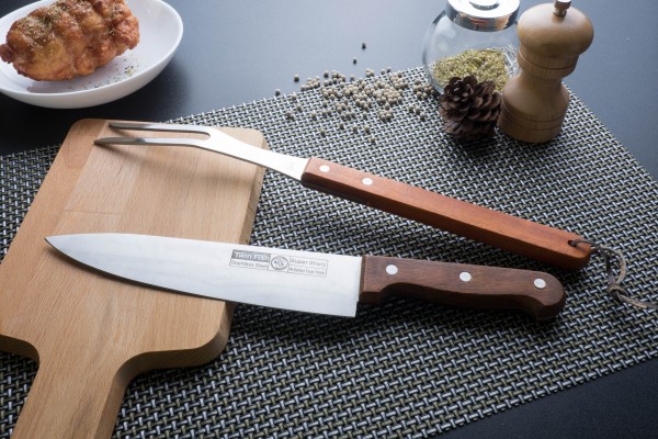 มีดหั่นด้ามไม้ พร้อมส้อมจิ้มบาร์บีคิว