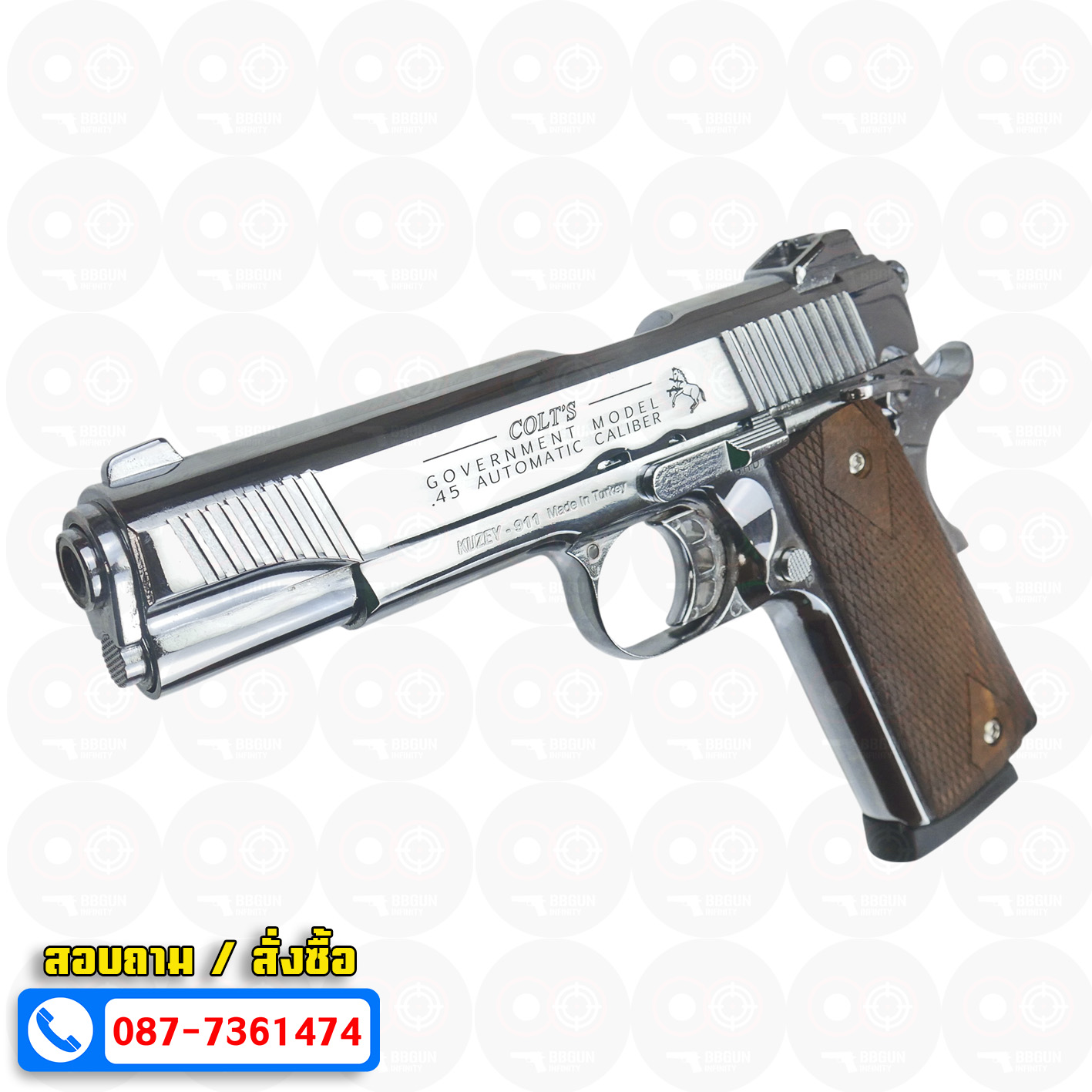 แบลงค์กัน KUZEY M1911 COLT GOVERMENT 100 Year เงินเงา 5 นิ้ว ด้ามไม้ blank gun