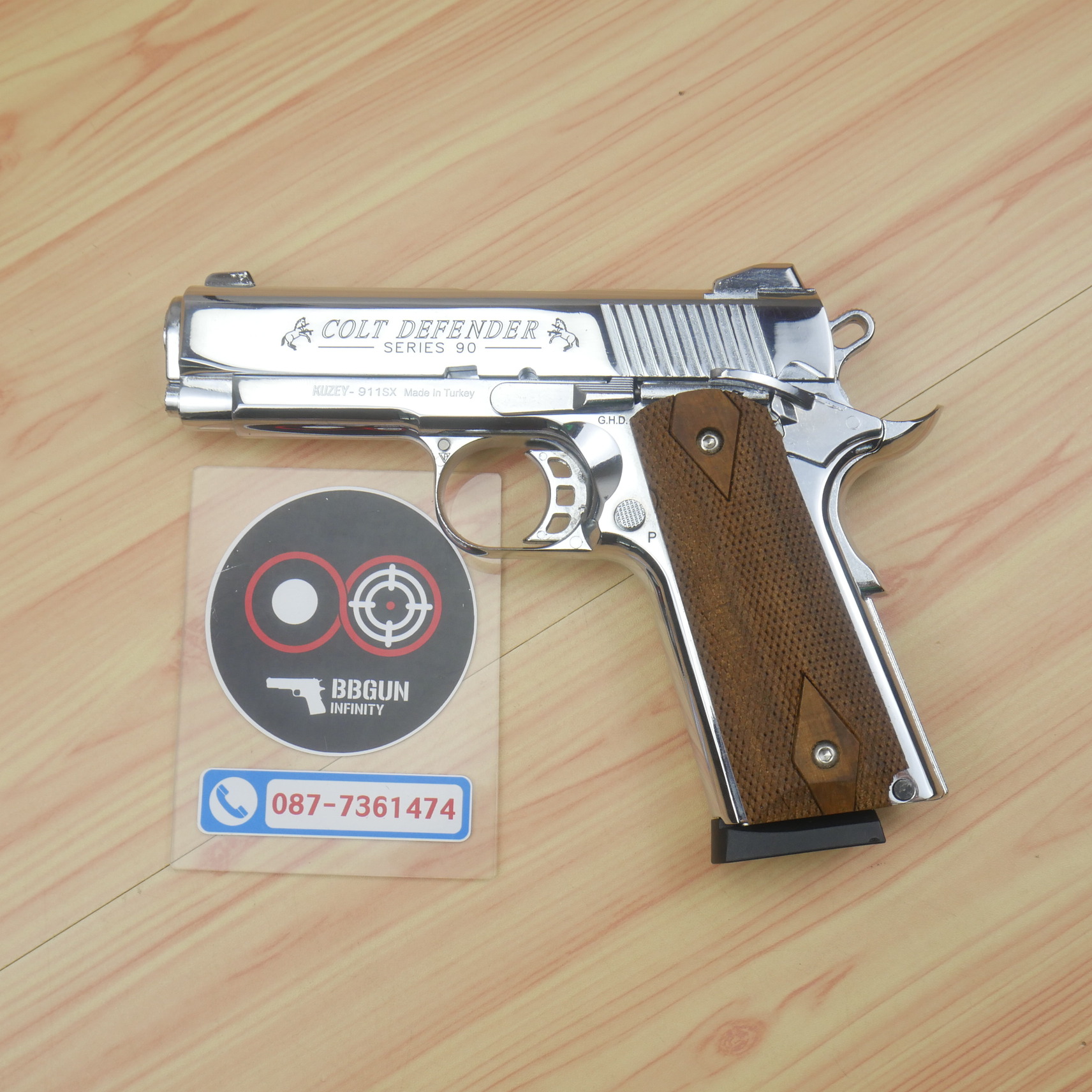 แบลงค์กัน KUZEY M1911 COLT'S DEFENDER SERIES 90 สีเงินเงา 4 นิ้ว ด้ามไม้ Blank Gun