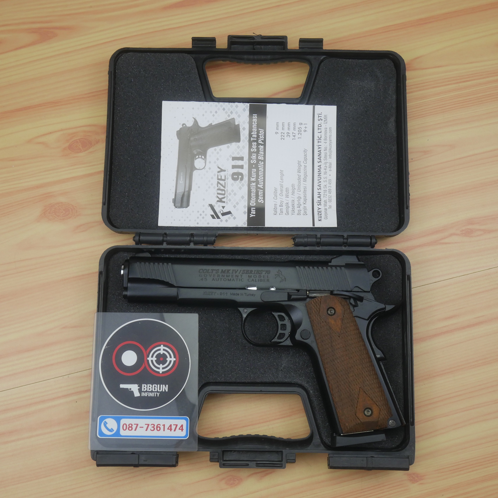 แบลงค์กัน KUZEY M1911 COLT'S MK IV SERIES'70 สีดำ ลำกล้อง 5 นิ้ว ด้ามไม้ blank gun