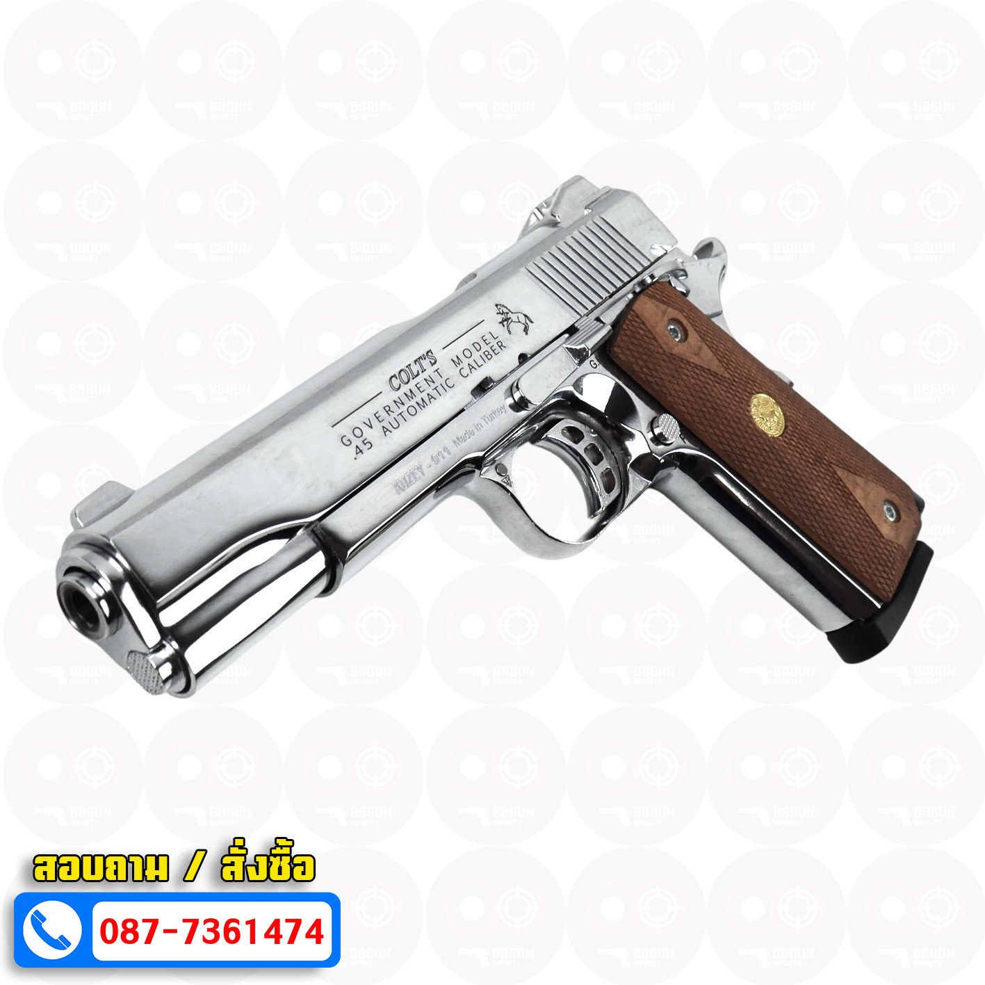 แบลงค์กัน KUZEY M1911 5 นิ้ว COLT GOVERMENT 100 Year สีเงินเงา blank gun ด้ามไม้