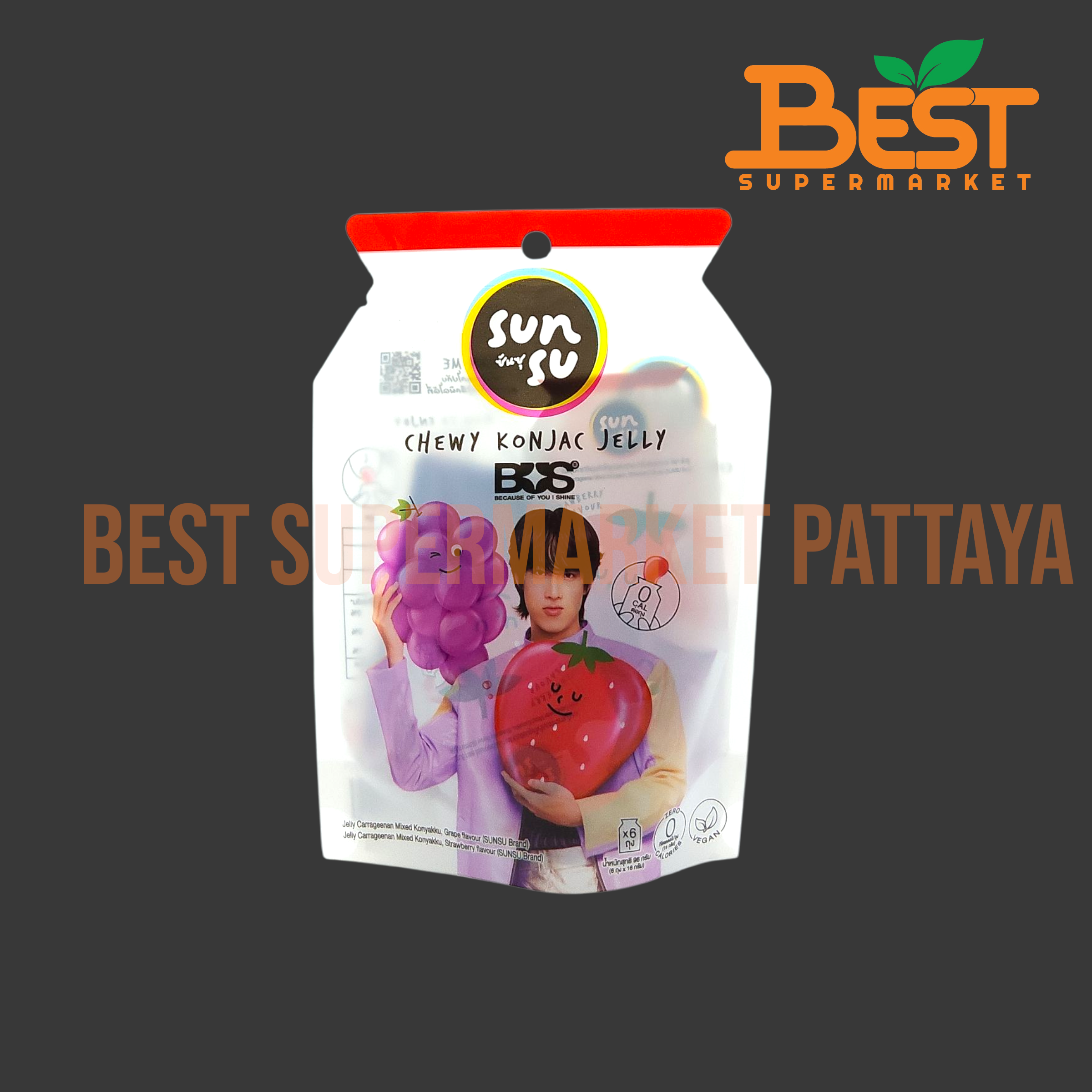 ซันซุ เยลลี่บุกผสมคาราจีแนน กลิ่นองุ่นและกลิ่นสตรอเบอรี่ 96 กรัม.SunSu Chewy Konjac & Carrageenan Jelly – Grape&Strawberry Flavor (Net Wt. 96 g)