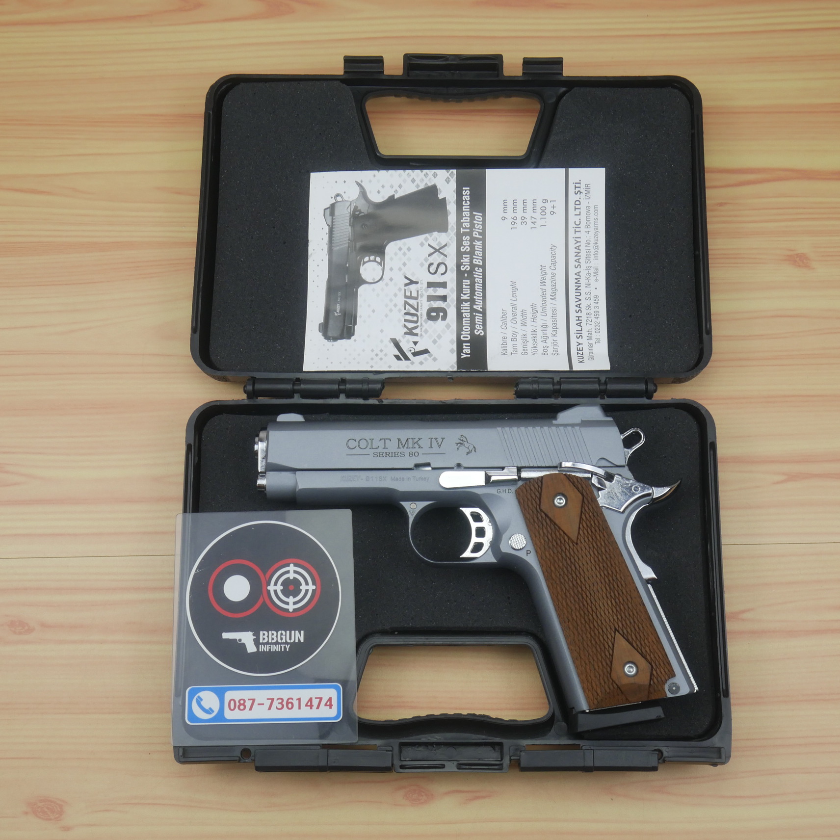แบลงค์กัน KUZEY M1911 COLT MK IV SERIES 80 สีสโมค 4 นิ้ว ด้ามไม้ Blank Gun