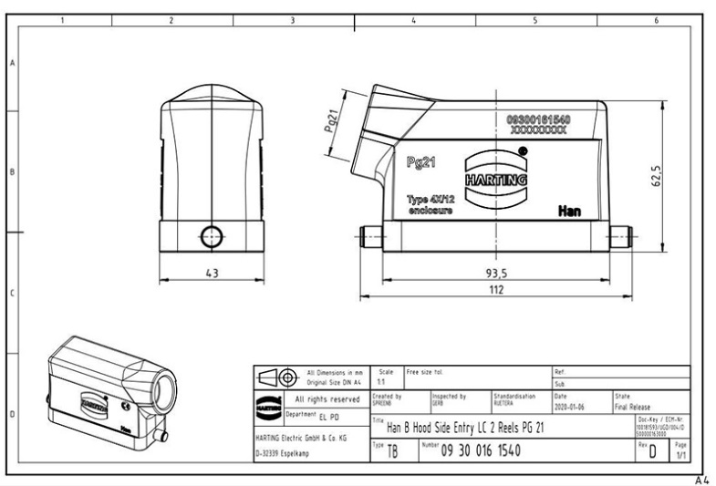 19300161541 HARTING Han B Heavy Duty Power Connector Hood 16P Side entry M25