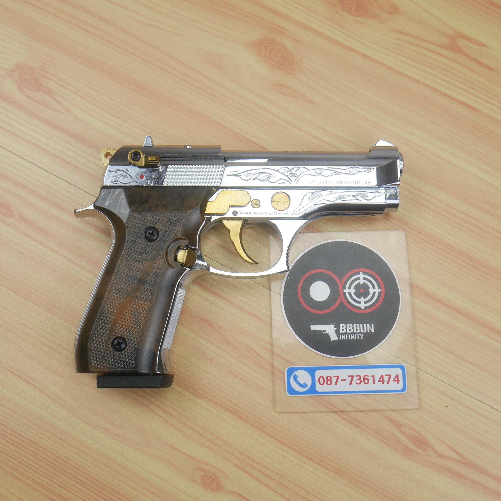 EKOL Jackal Dual Compact M92 (Full Auto) สีเงินเงา ไกทองลาย 4 นิ้ว แบลงค์กันบาเร็ตต้า blank gun