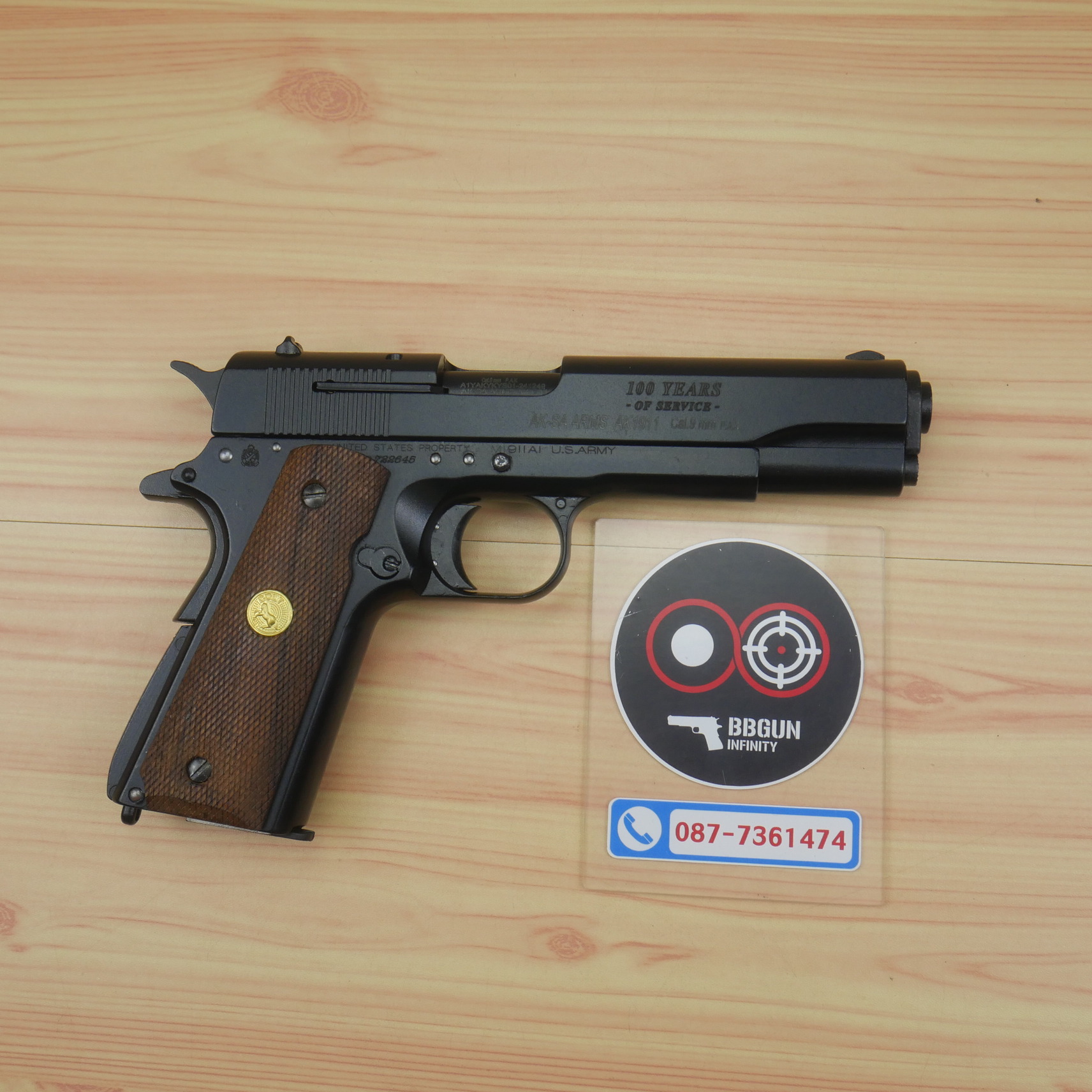แบลงค์กัน AKSA Colt's Government Model .45 Automatic Caliber 100 Years สีดำ กริปไม้ (2 แม็กกาซีน) BLANK GUN