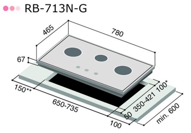 เตาฝัง 3 หัวเตา หน้ากระจกนิรภัย RINNAI รุ่น RB-713N-GB - สีดำ