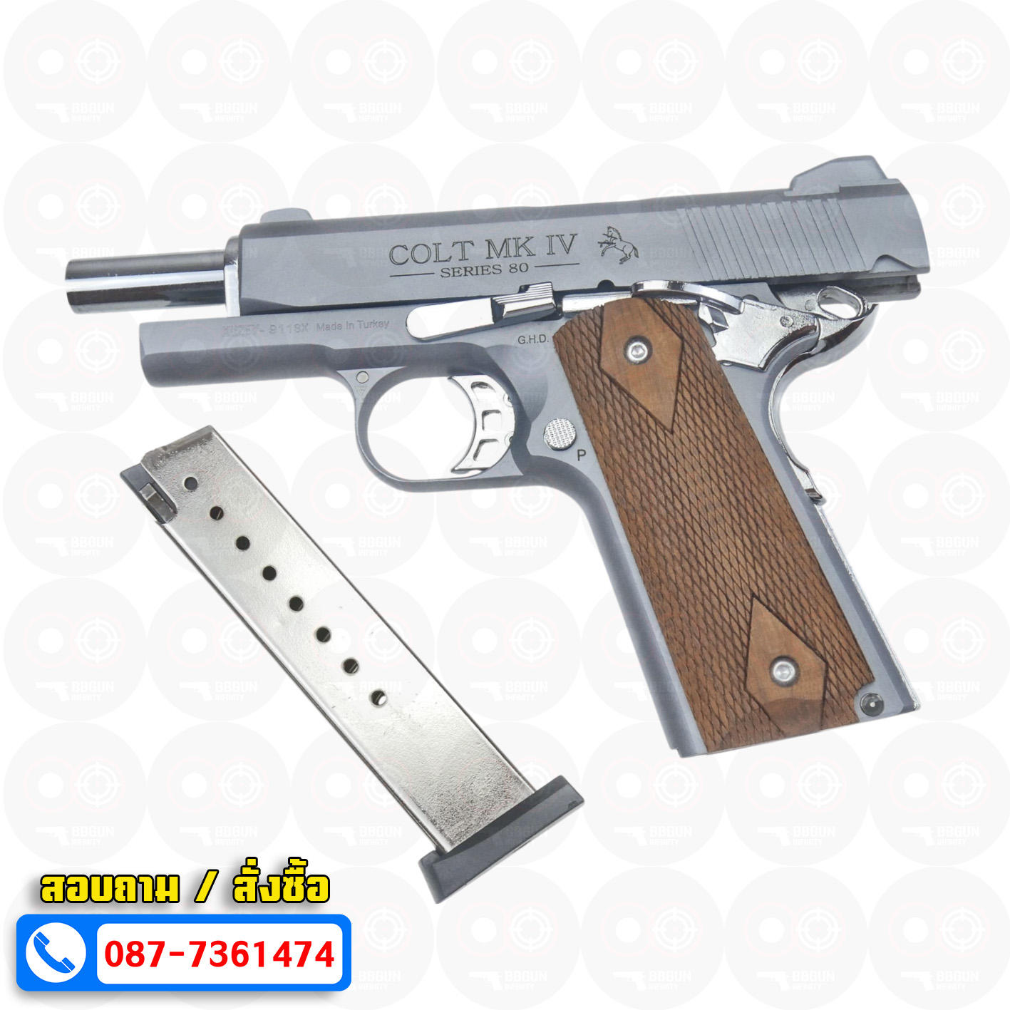 แบลงค์กัน KUZEY M1911 COLT MK IV SERIES 80 สีสโมค 4 นิ้ว ด้ามไม้ Blank Gun