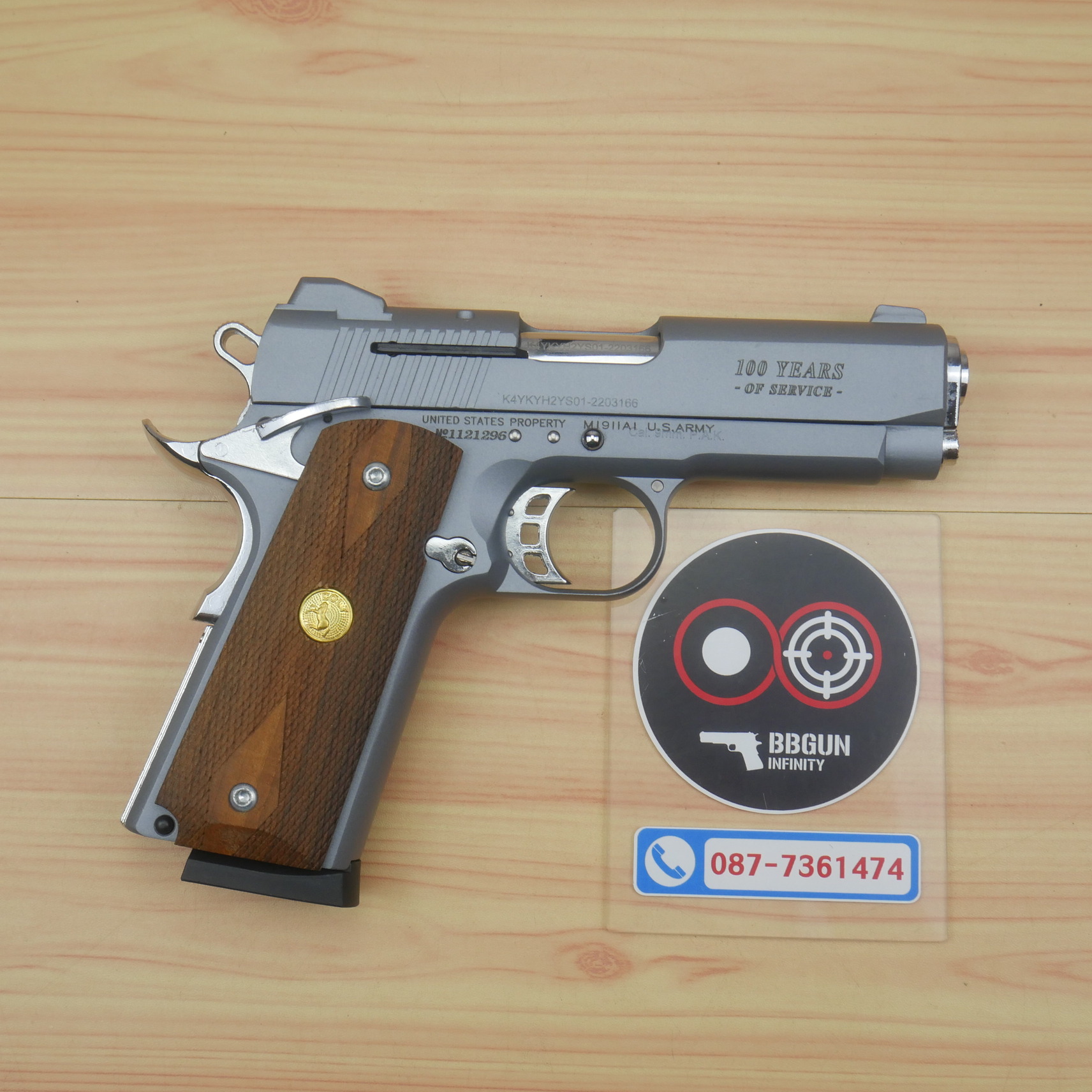 แบลงค์กัน KUZEY M1911 COLT GOVERMENT 100 Year Smoke 4 นิ้ว สีสโมค blank gun ด้ามไม้