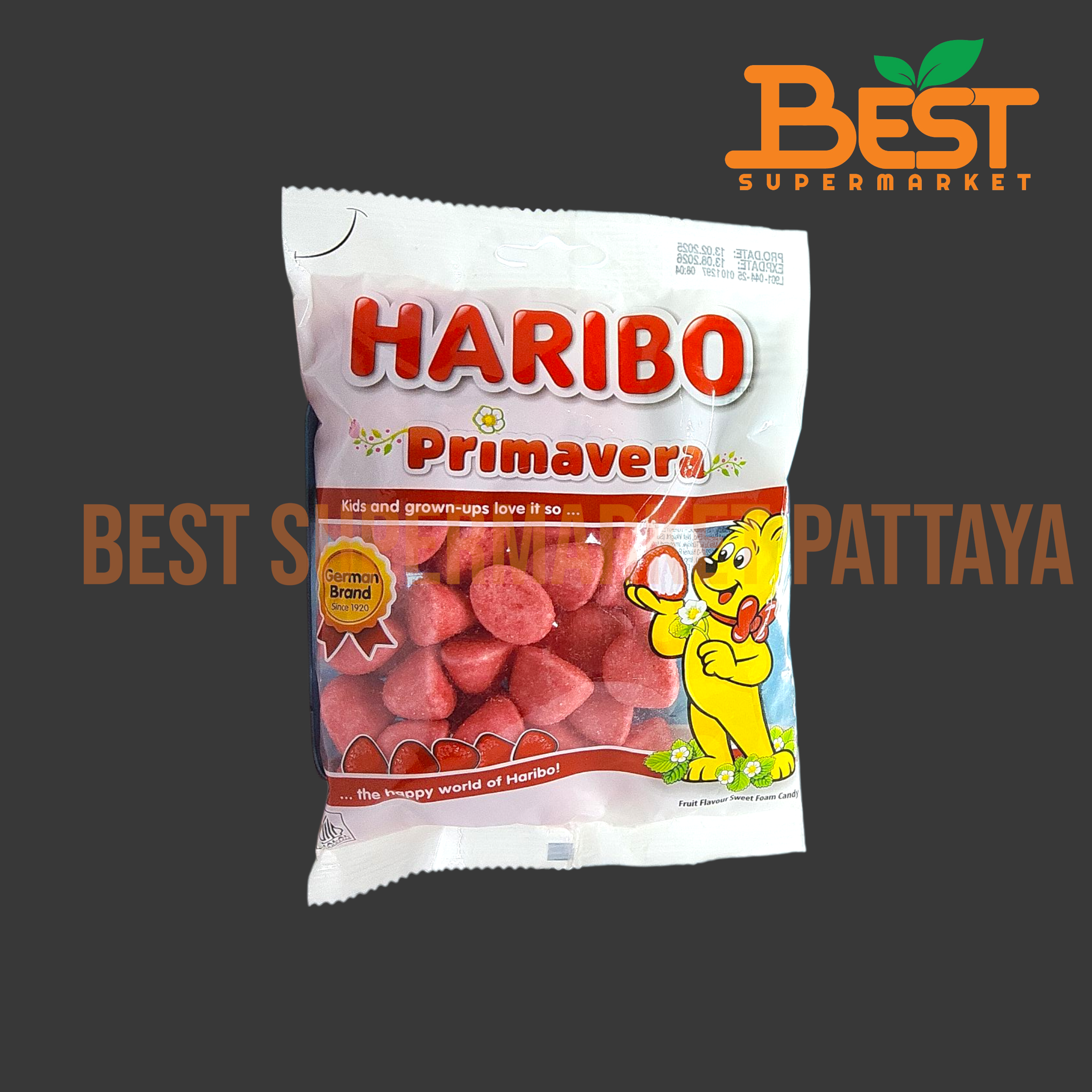 ฮาริโบ้ มาร์ชแมลโลเคลือบน้ำตาลรสสตรอเบอร์รี่ 160 กรัม. Haribo Primavera 160 g.